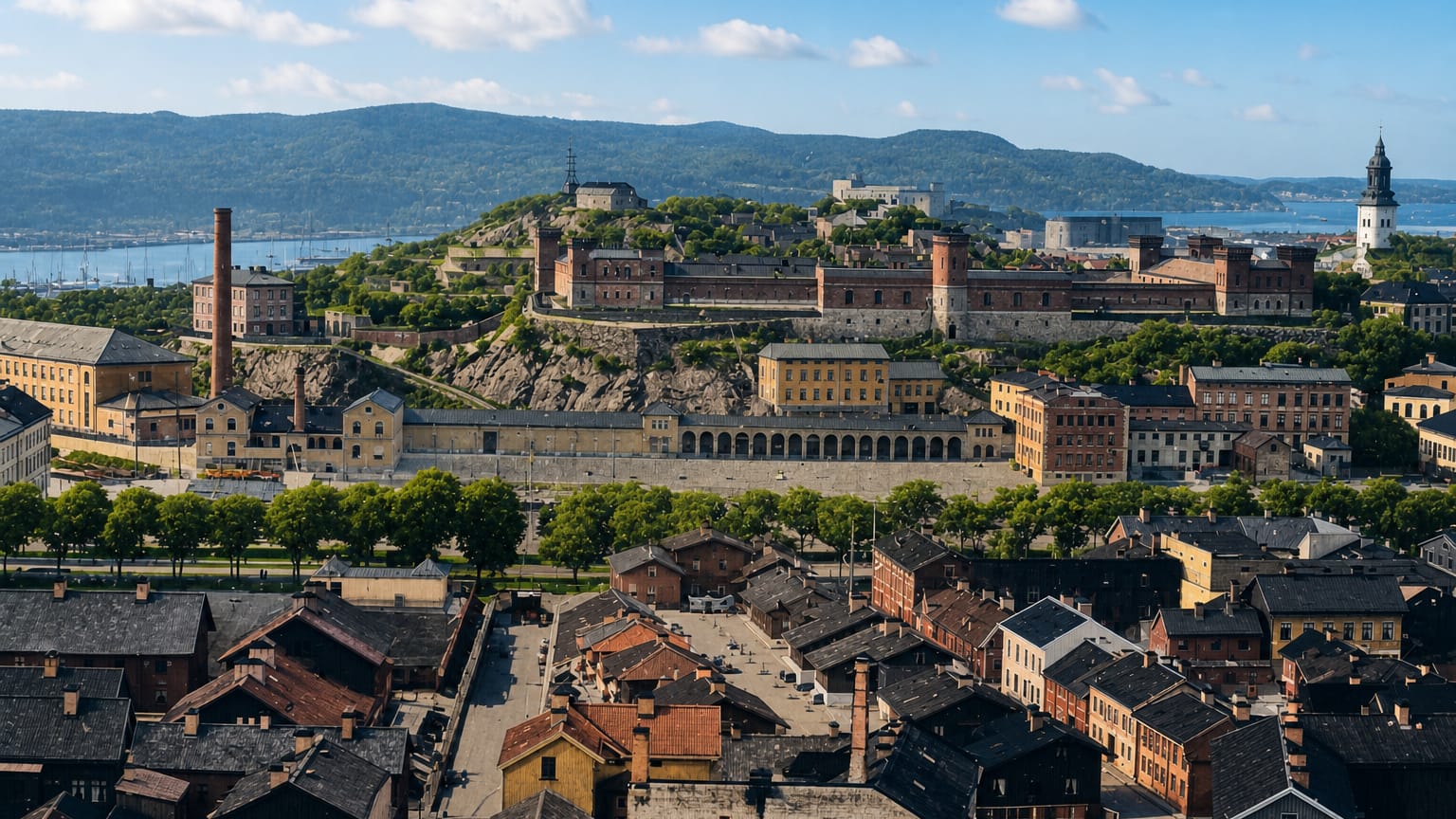 Hilltop fortress above Haga's old district in Gothenburg, Sweden, with red-roofed houses and the harbour beyond.