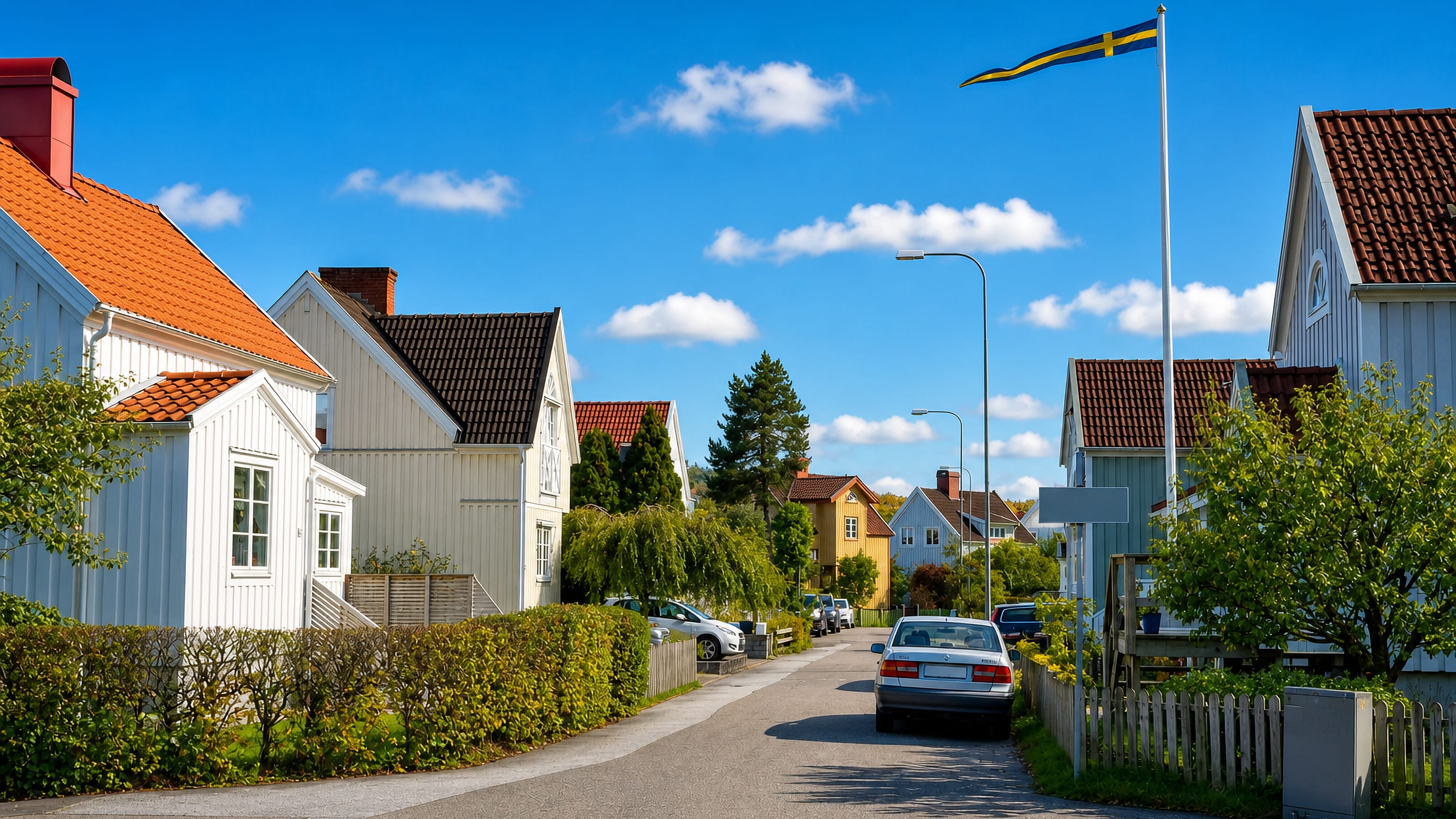 Quiet residential street of white wooden houses and a Swedish flag in Harlanda, Gothenburg.
