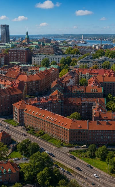 Aerial daytime view of Johanneberg's red-roofed apartment blocks and tree-lined streets with Gothenburg's skyline beyond