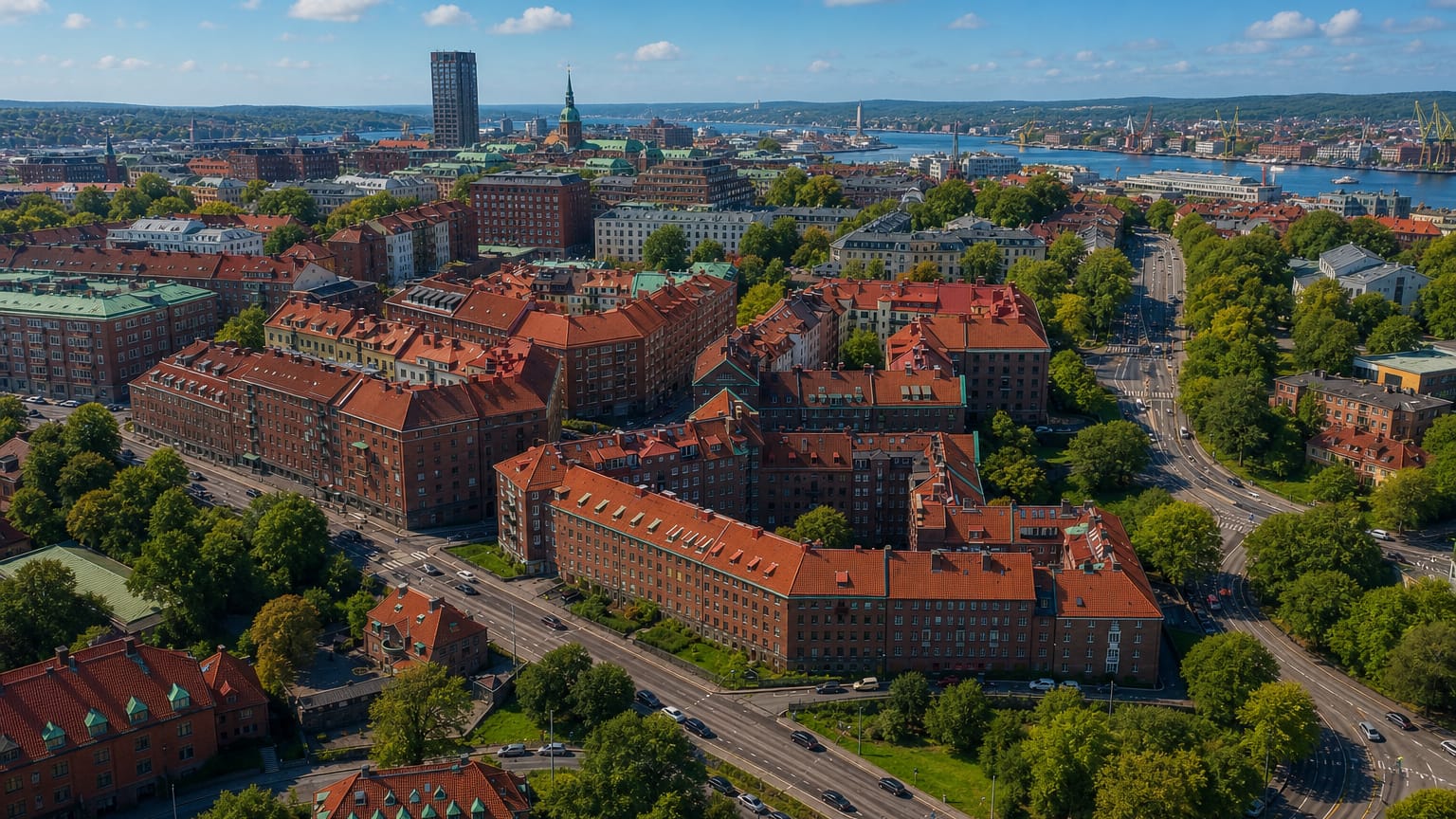 Aerial daytime view of Johanneberg's red-roofed apartment blocks and tree-lined streets with Gothenburg's skyline beyond
