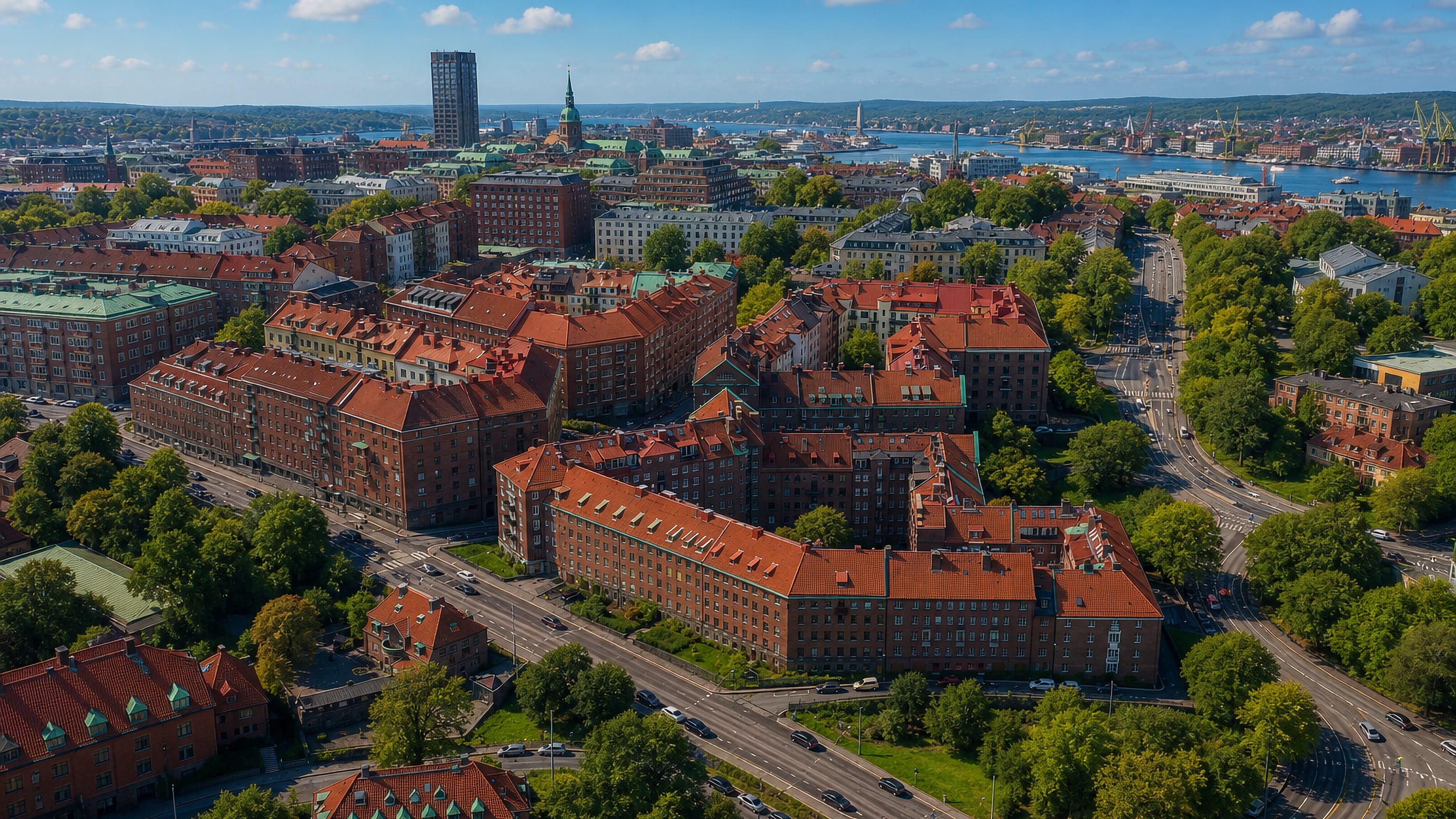 Aerial daytime view of Johanneberg's red-roofed apartment blocks and tree-lined streets with Gothenburg's skyline beyond