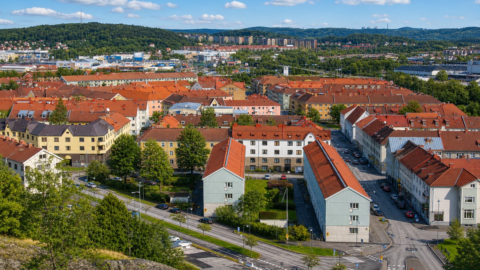 Elevated daytime view over Lundby's red-roofed houses and pastel apartment blocks toward wooded hills, Gothenburg, Sweden