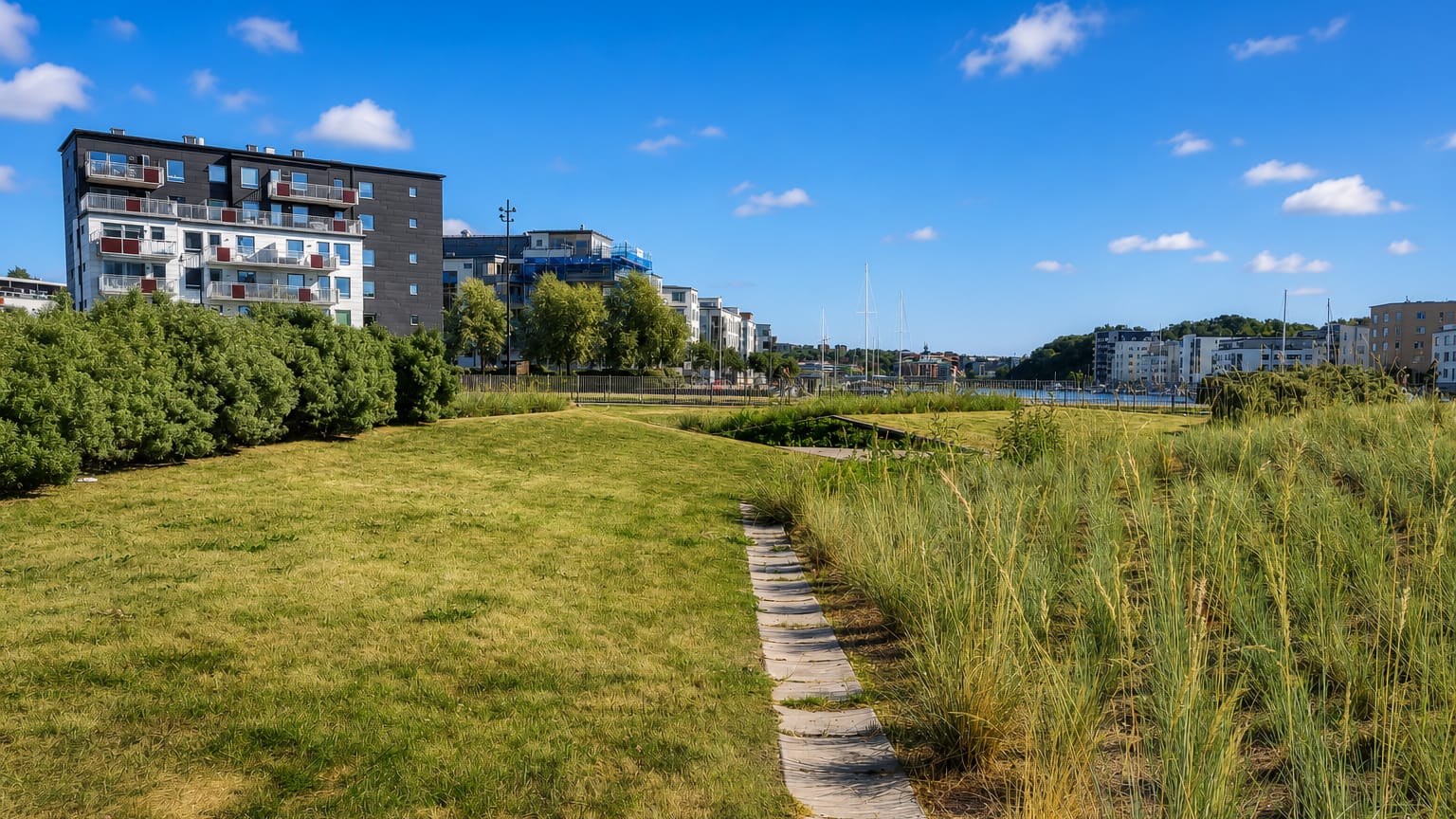 Modern waterfront apartment blocks beside a grassy harbourside park under blue sky in Sannegården, Gothenburg, Sweden.