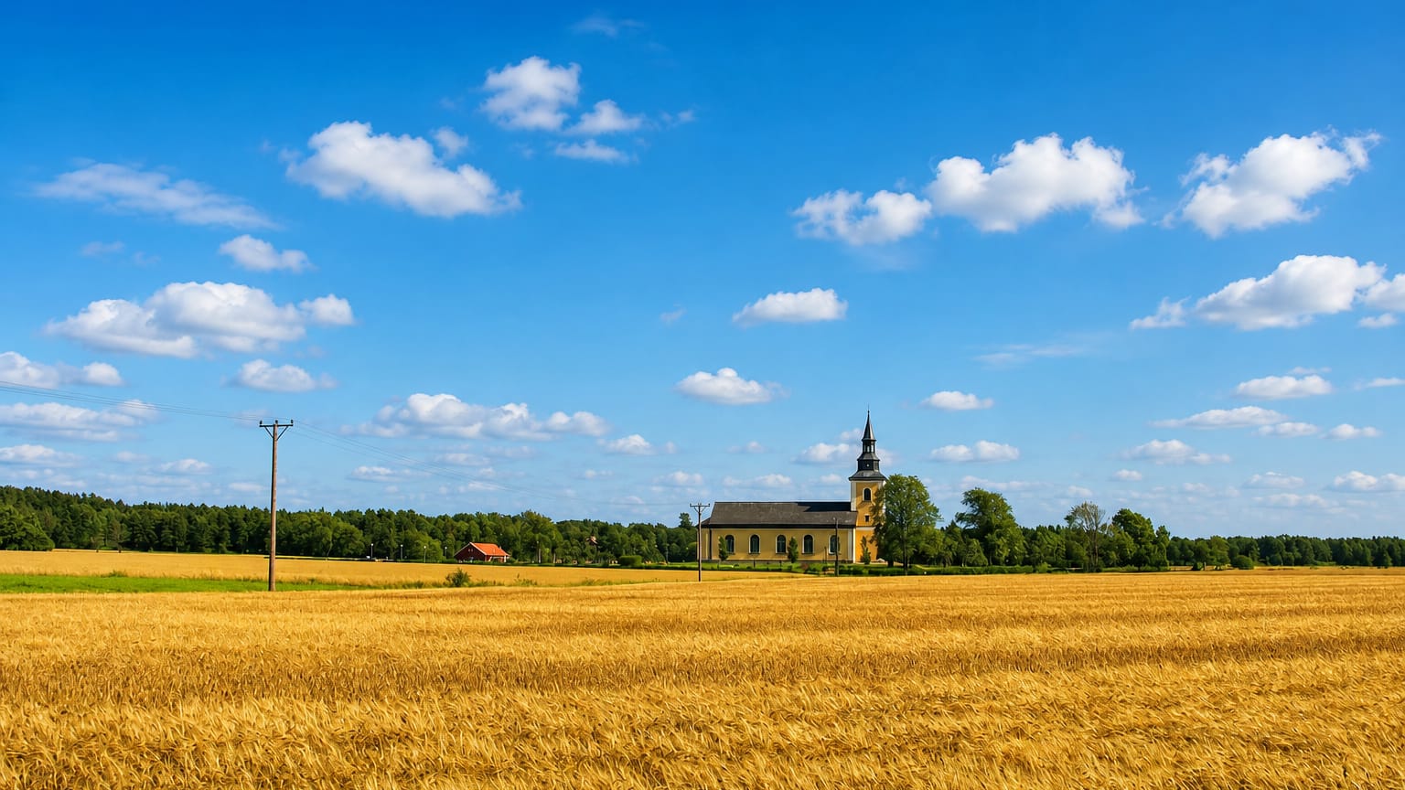 Golden wheat field before a country church near Grastorp, Sweden, under a bright summer sky