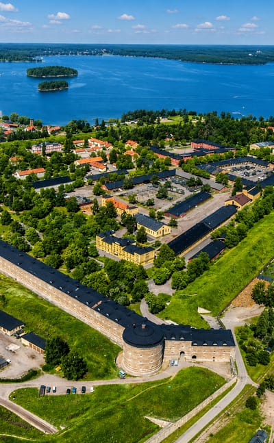 Aerial view of Karlsborg, Sweden, showing its star-shaped fortress on a lakeside peninsula on Lake Vattern.