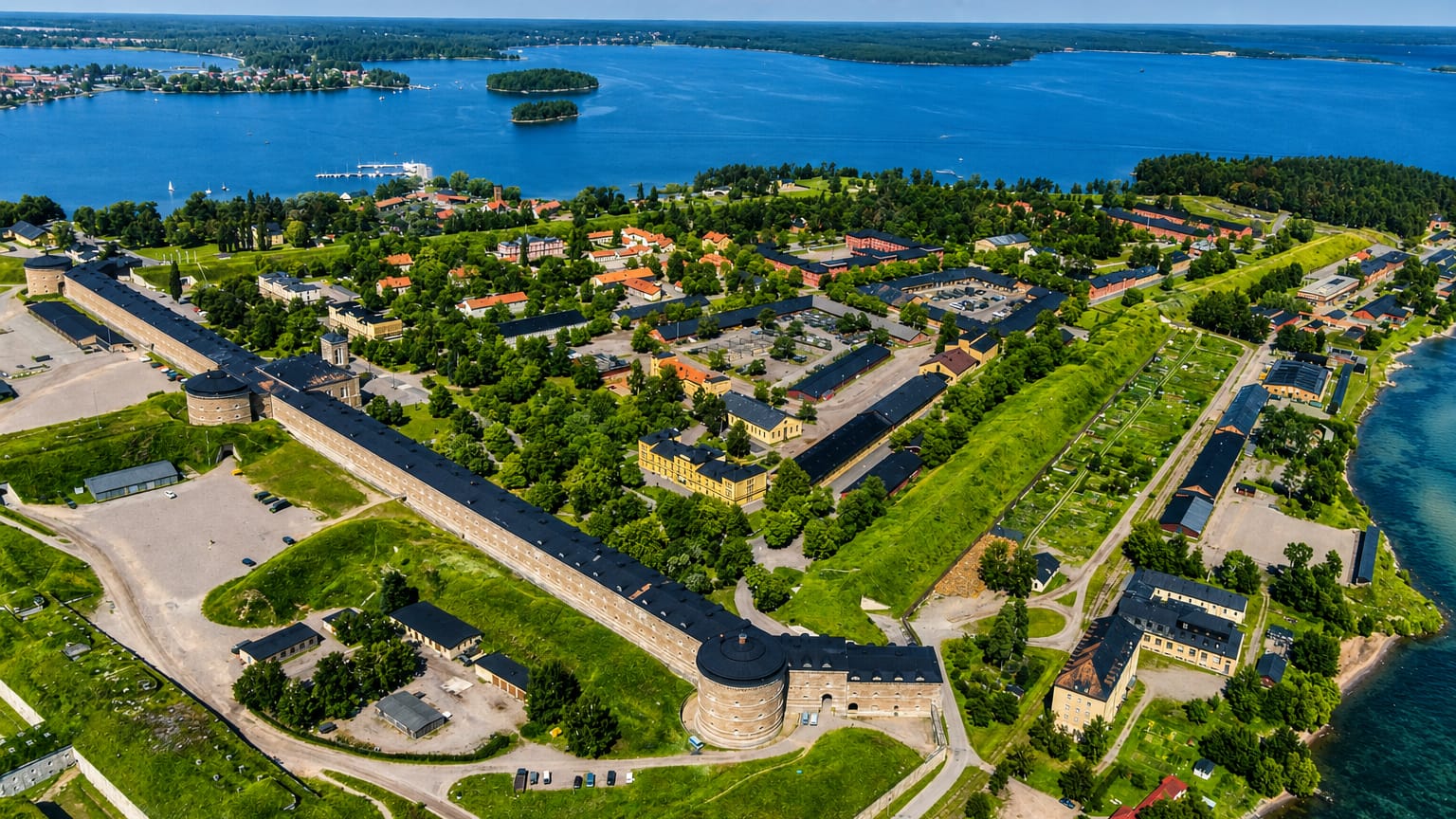 Aerial view of Karlsborg, Sweden, showing its star-shaped fortress on a lakeside peninsula on Lake Vattern.