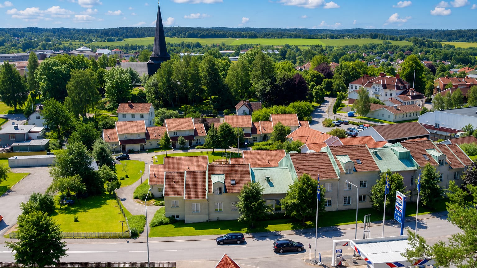 Aerial view of Kinna, Sweden, with its dark church spire, red-roofed houses and green farmland beyond.