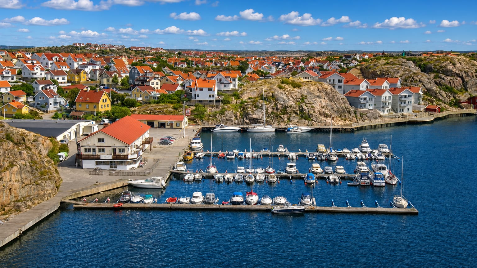 Aerial view of the marina and red-roofed houses of Kungshamn, Sweden, on the rocky Bohuslan coast.
