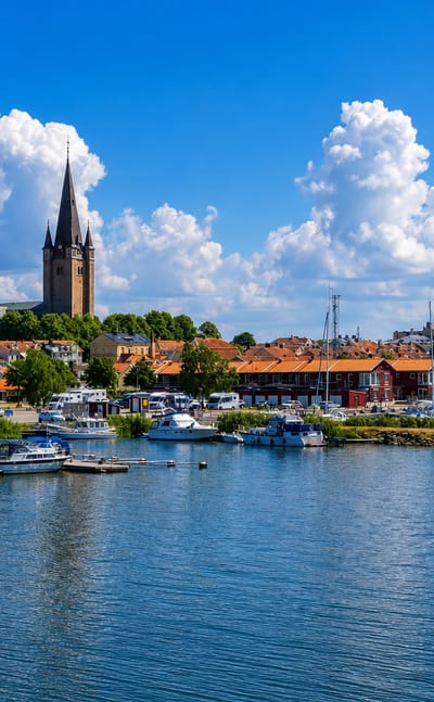 Harbour with sailboats before Mariestad, Sweden and its cathedral spire on Lake Vänern