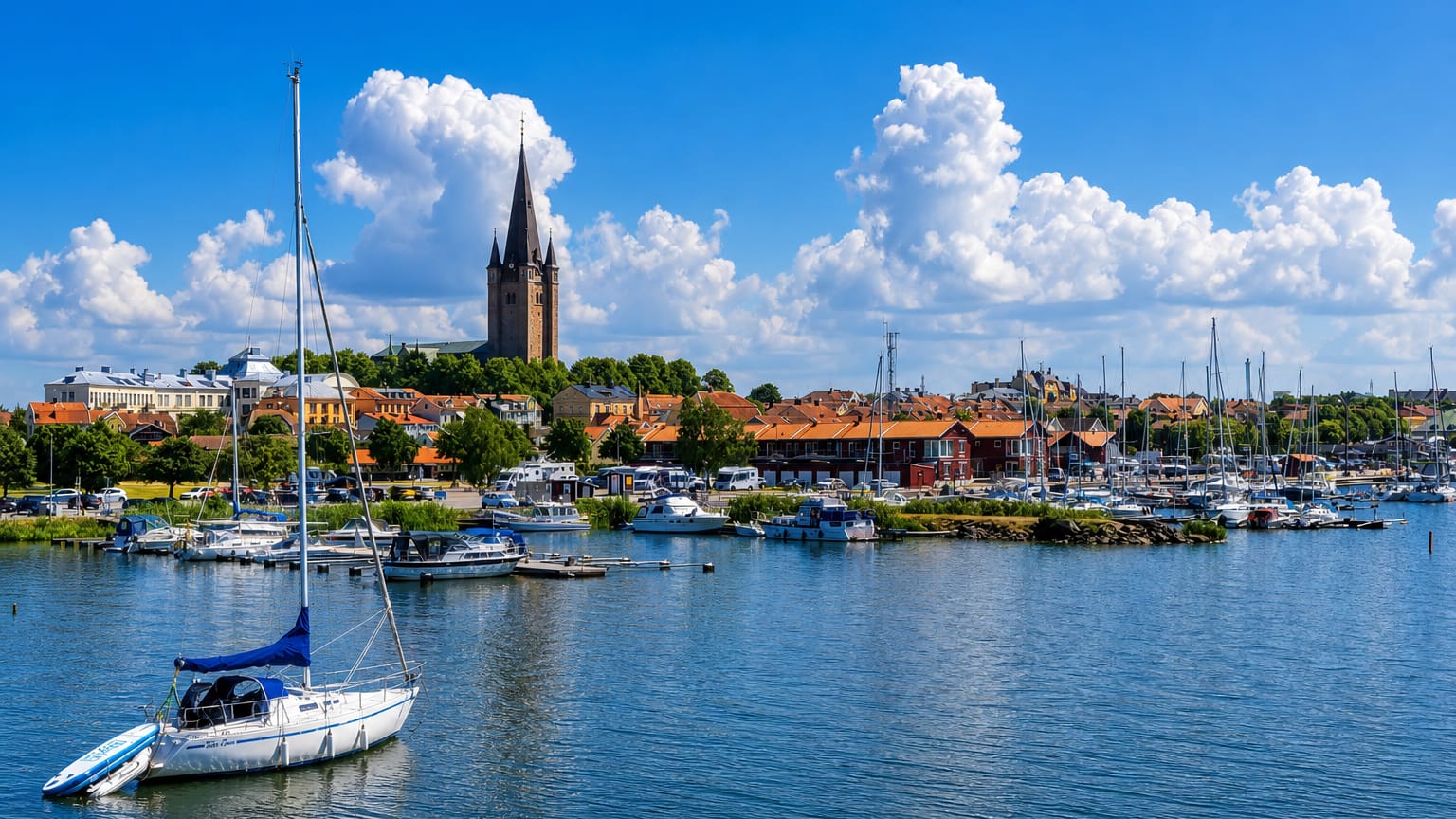 Harbour with sailboats before Mariestad, Sweden and its cathedral spire on Lake Vänern