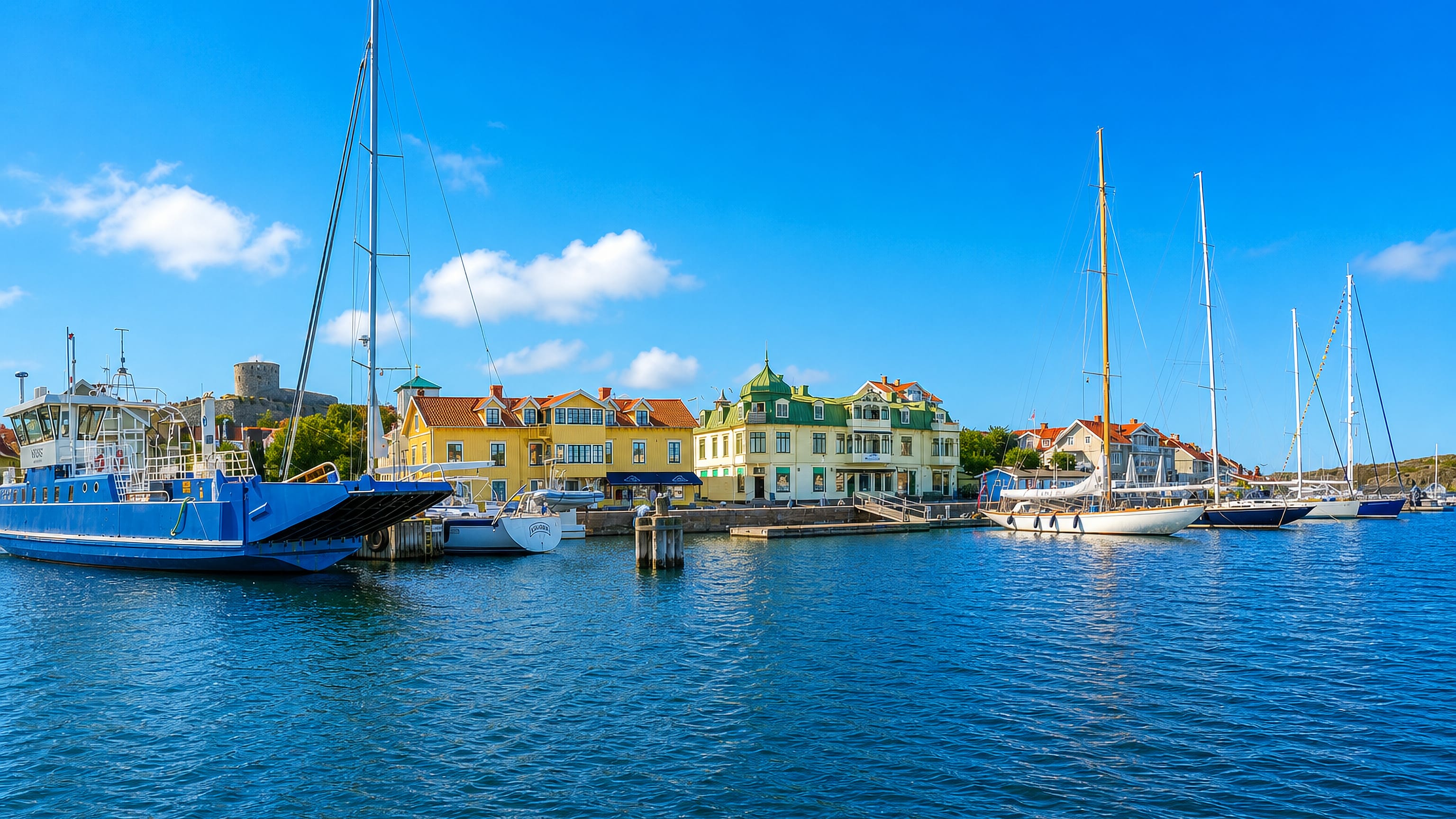 Marstrand harbour in Sweden with moored sailboats, pastel-coloured waterfront houses and Carlsten fortress on the hill behind.