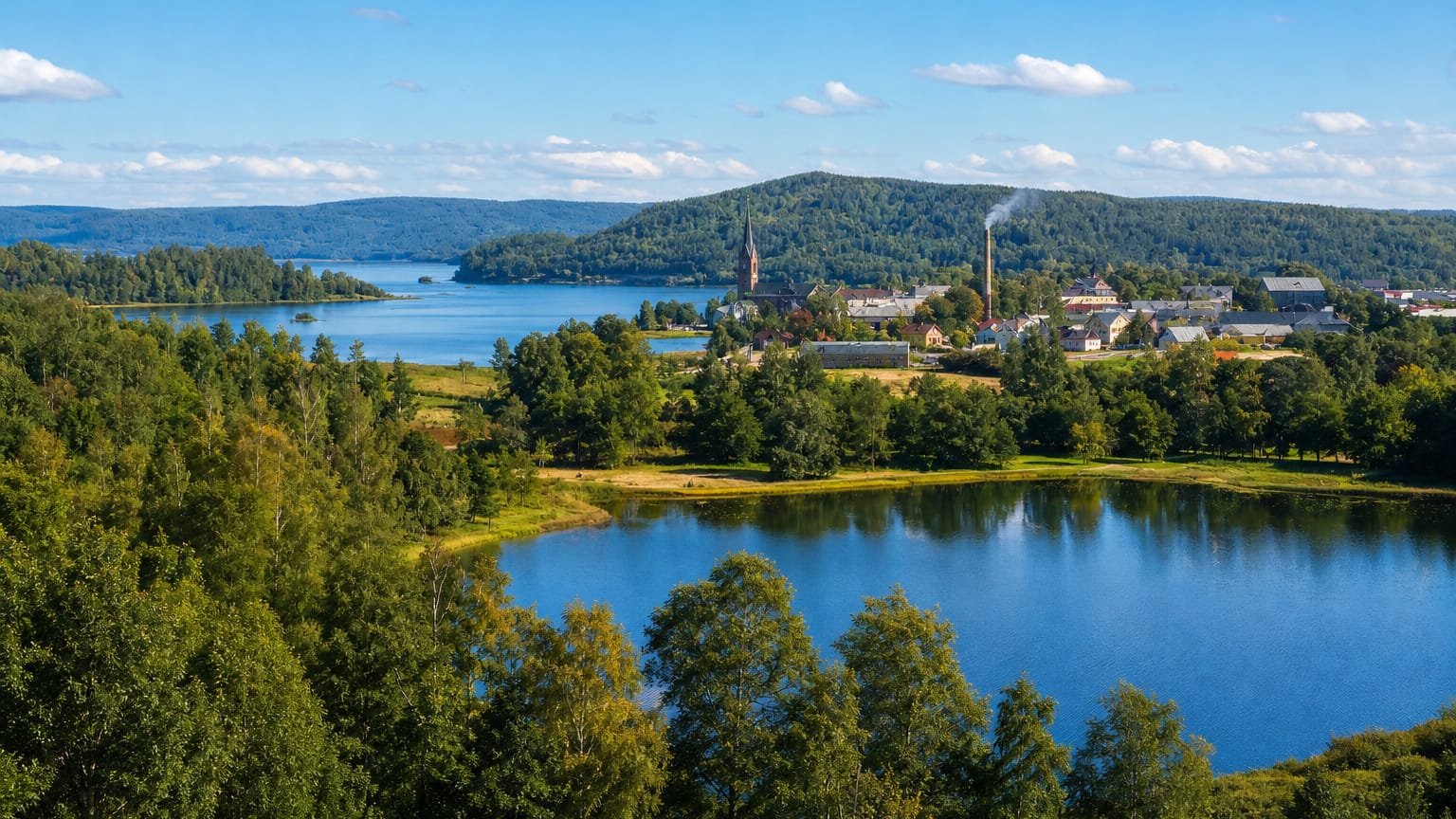 Elevated summer view over Mellerud, Sweden, with a foreground lake, forested hills and the lakeside town's church spire.