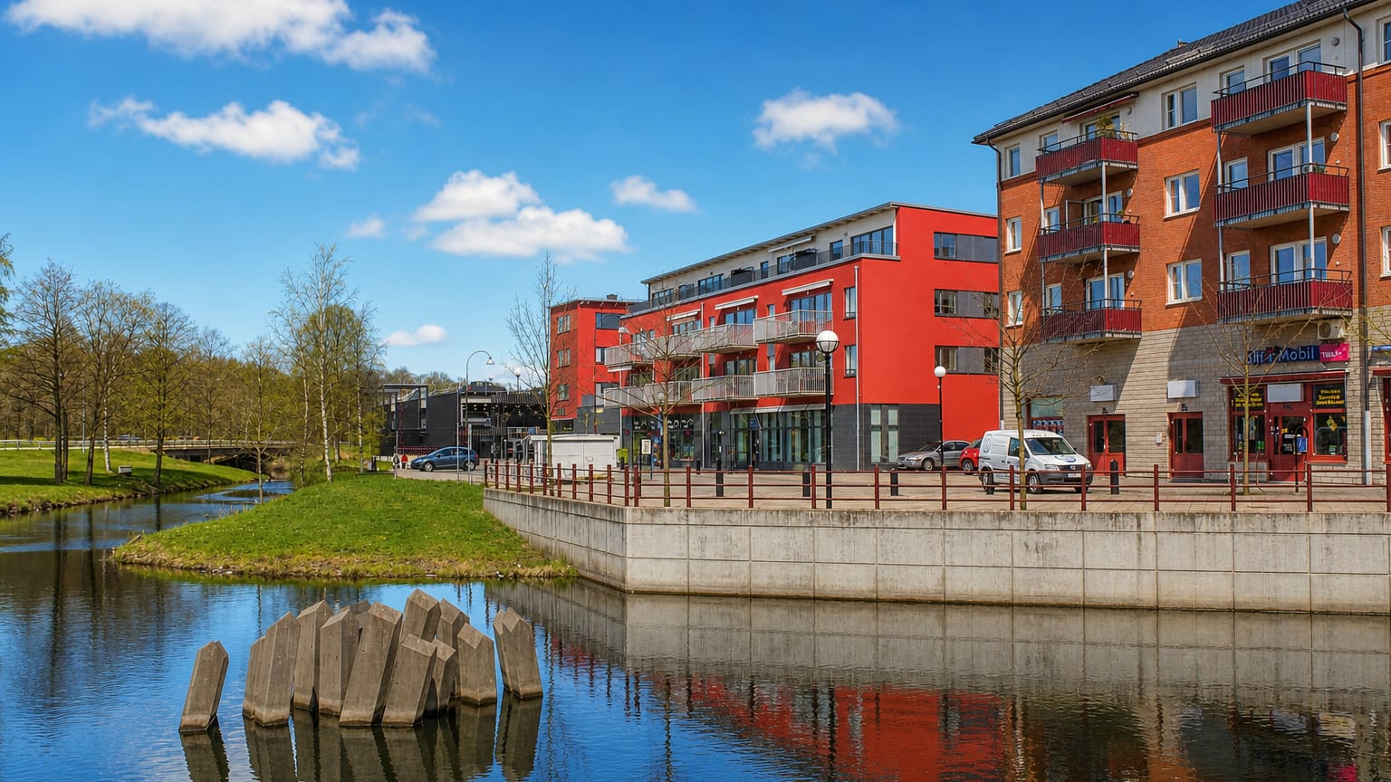 Waterside red apartment block and footbridge over a canal in Mölndal, Sweden