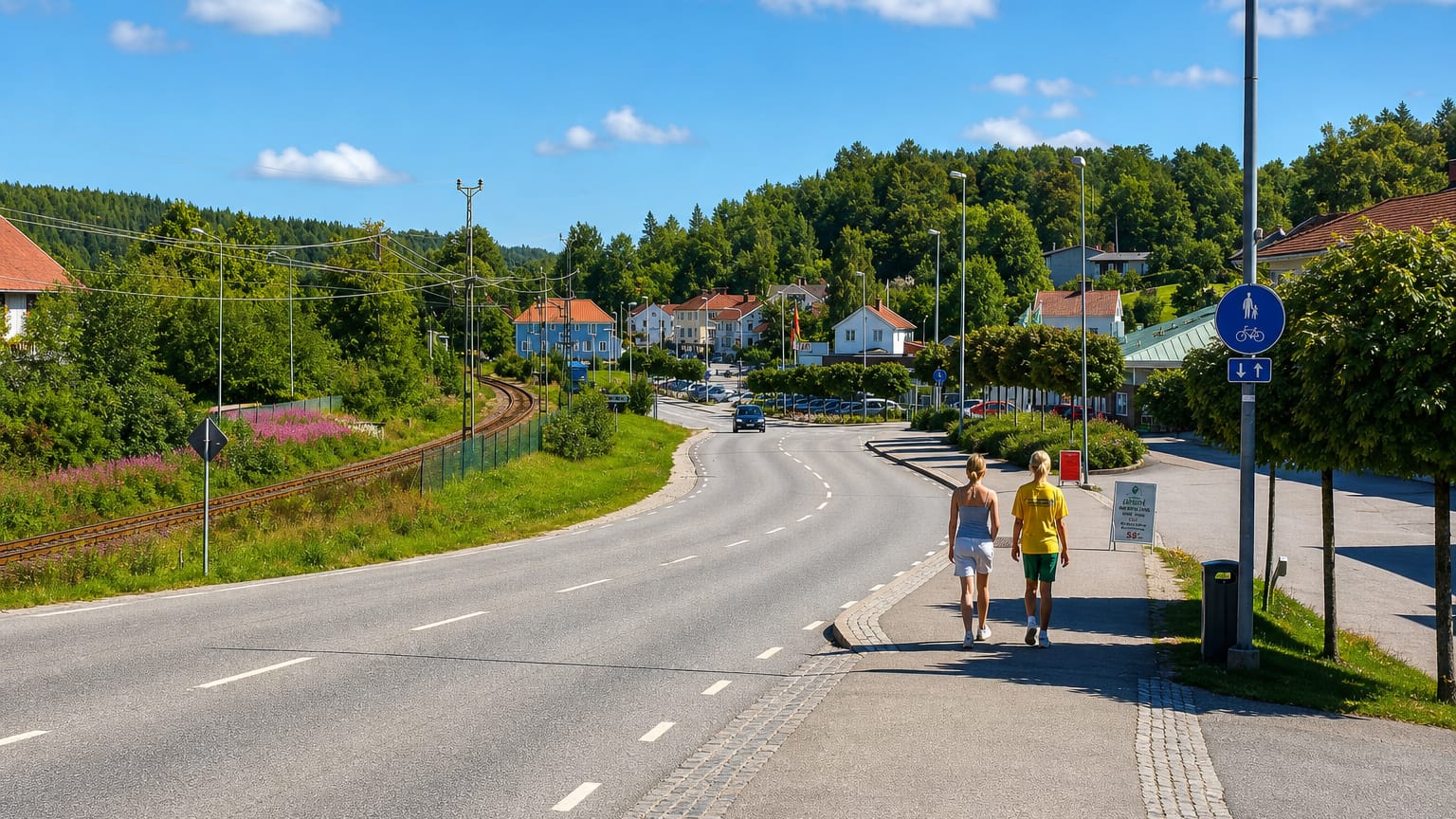 Two people walking along a roadside path beside a railway and houses in Munkedal, Sweden