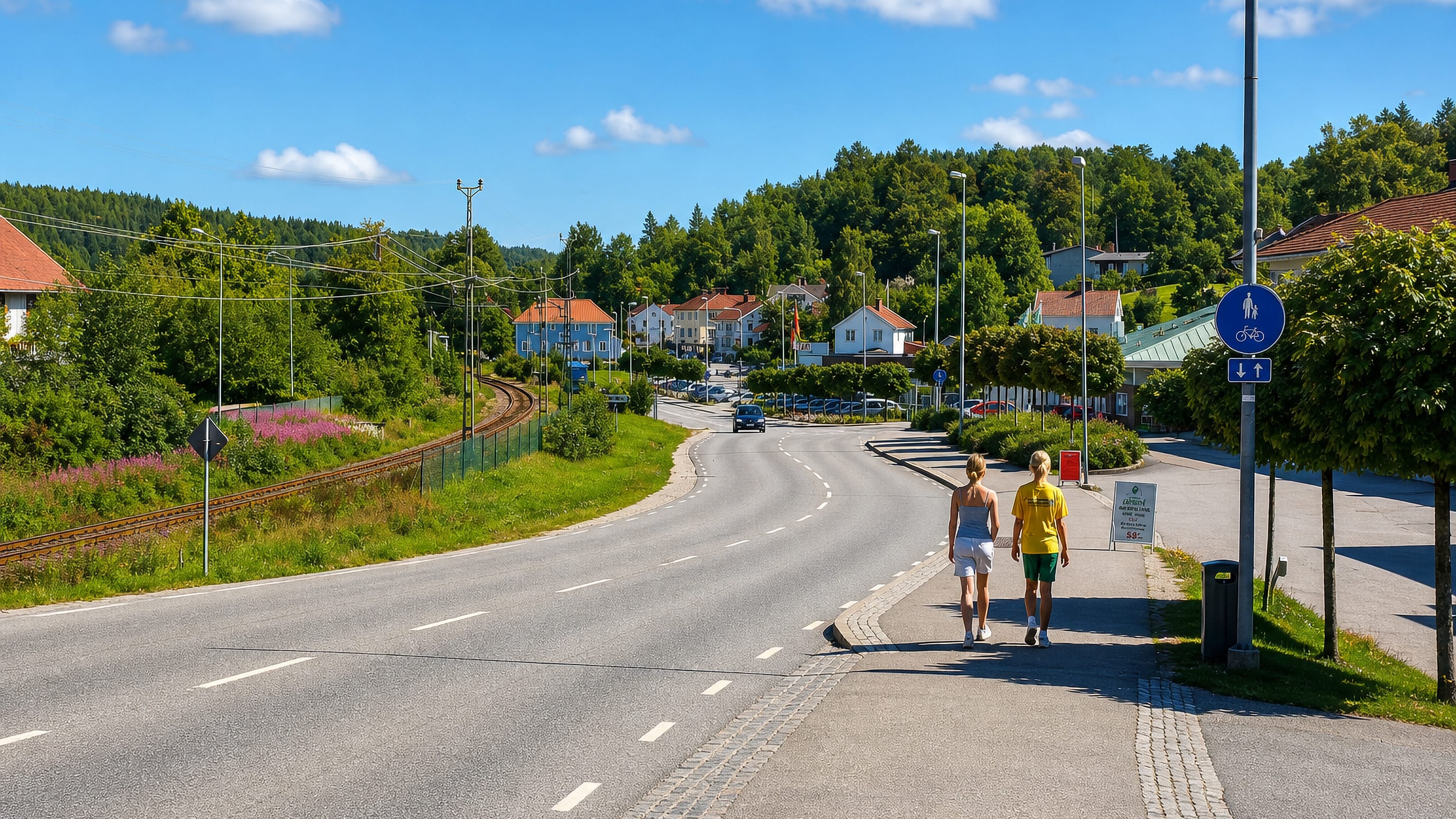 Two people walking along a roadside path beside a railway and houses in Munkedal, Sweden