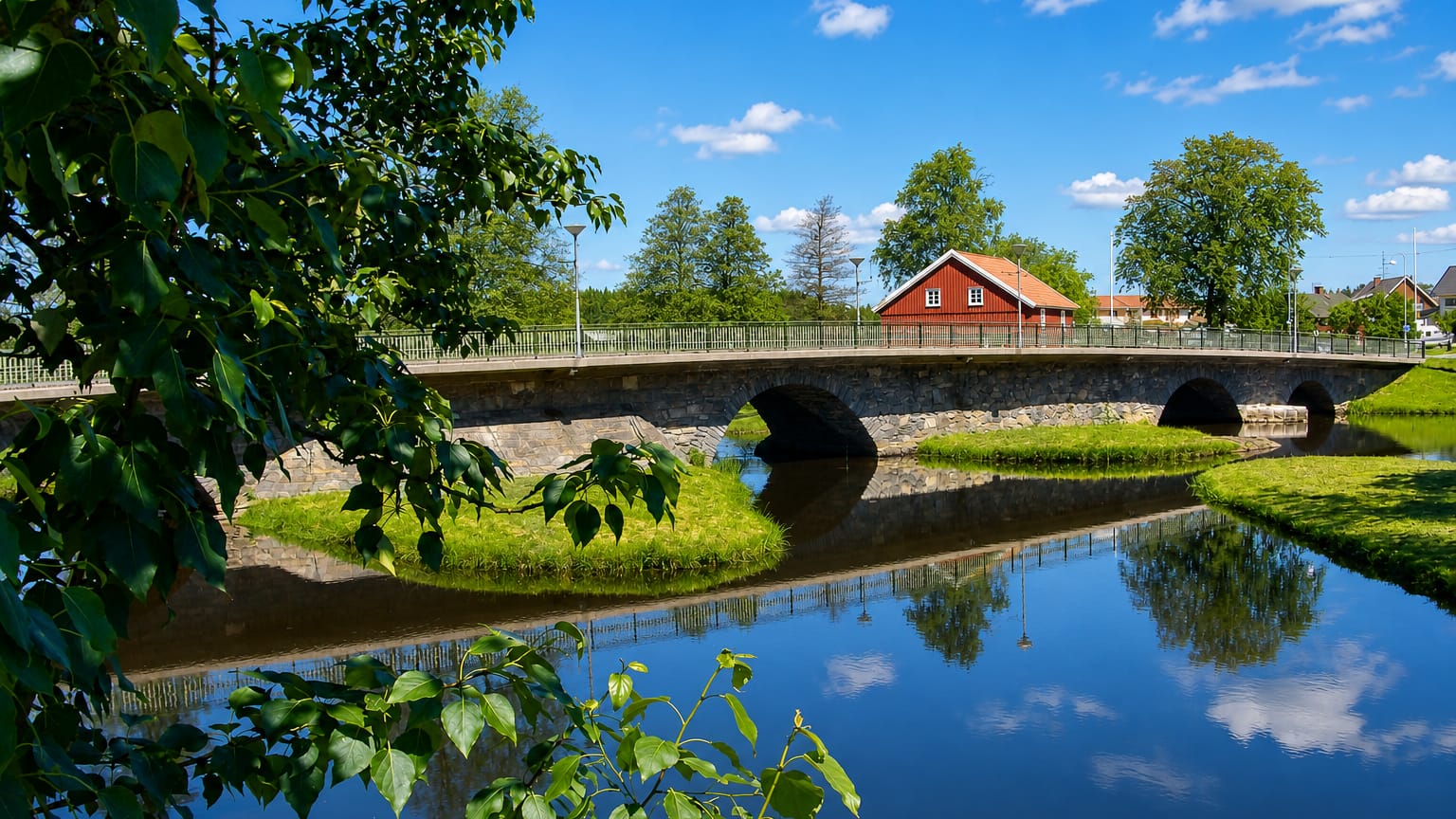 Stone arch bridge over the calm Nossan river in Nossebro, Sweden, with a red cottage and summer trees reflected in the water.