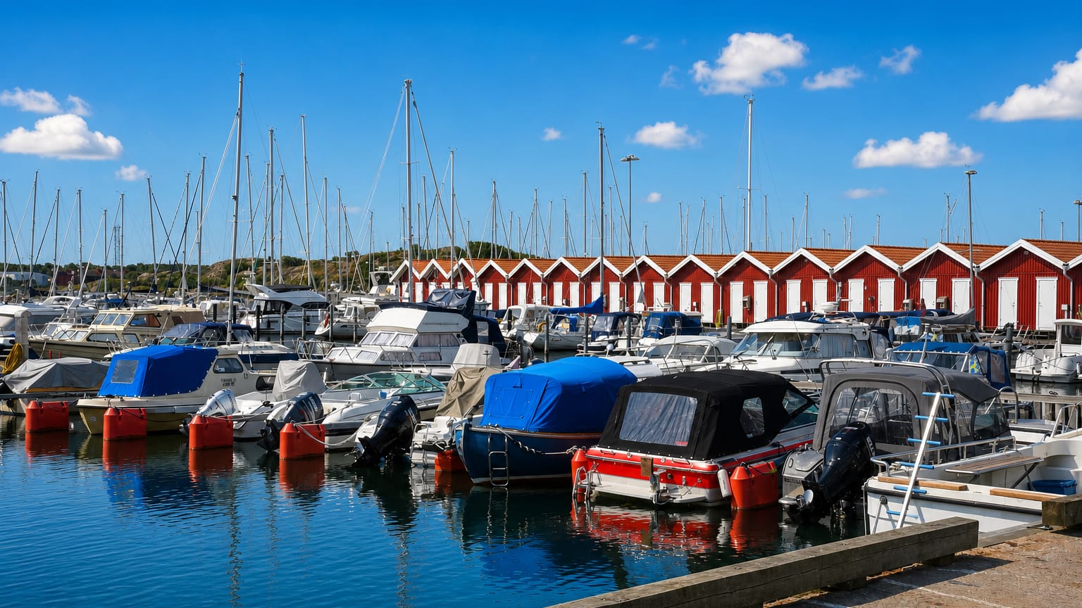 Öckerö marina with moored leisure boats and a row of red-and-white boathouses under a blue sky