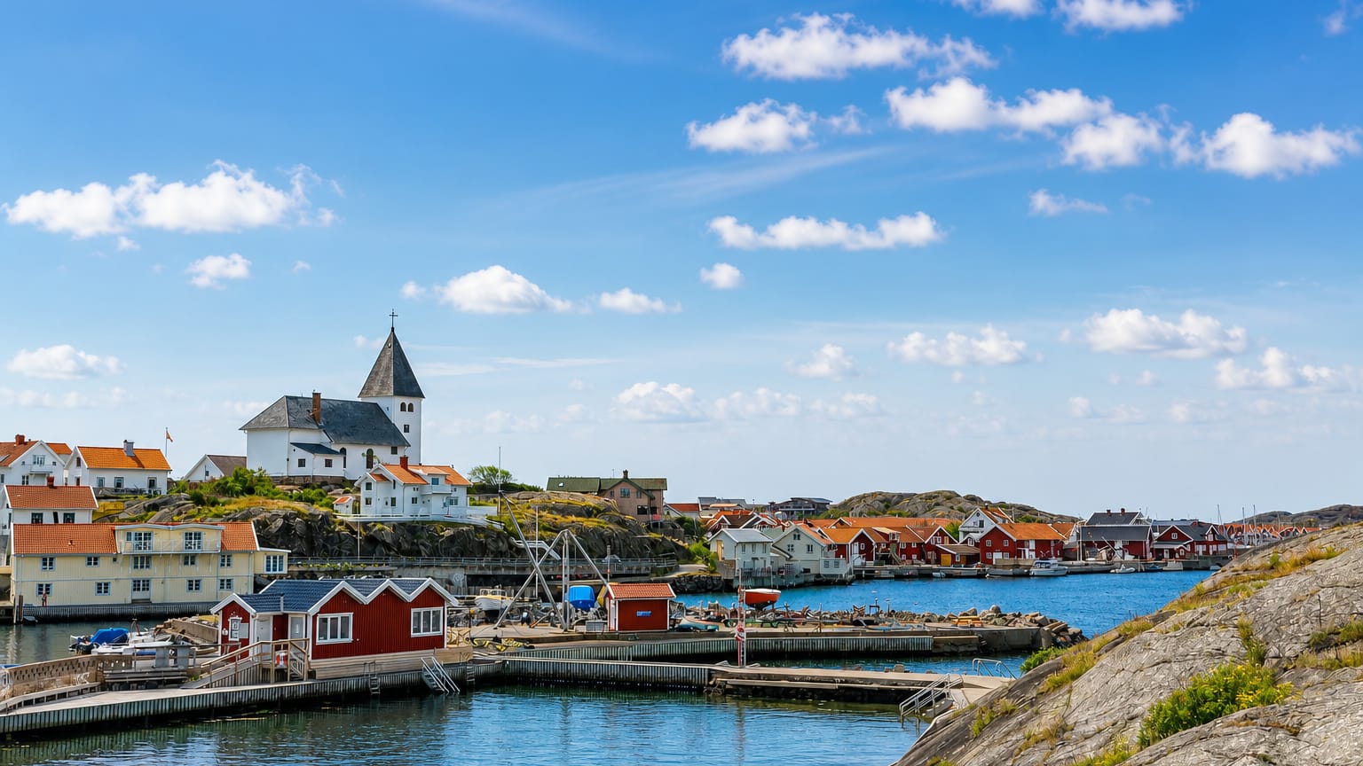 Skärhamn harbour on Tjörn with a white hilltop church, red boathouses and granite rocks by the sea