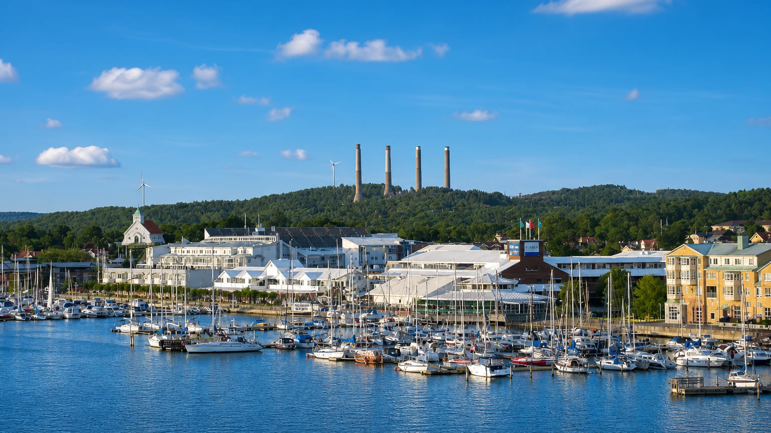 Stenungsund marina full of moored yachts with the town's tall petrochemical chimneys on the wooded hill behind