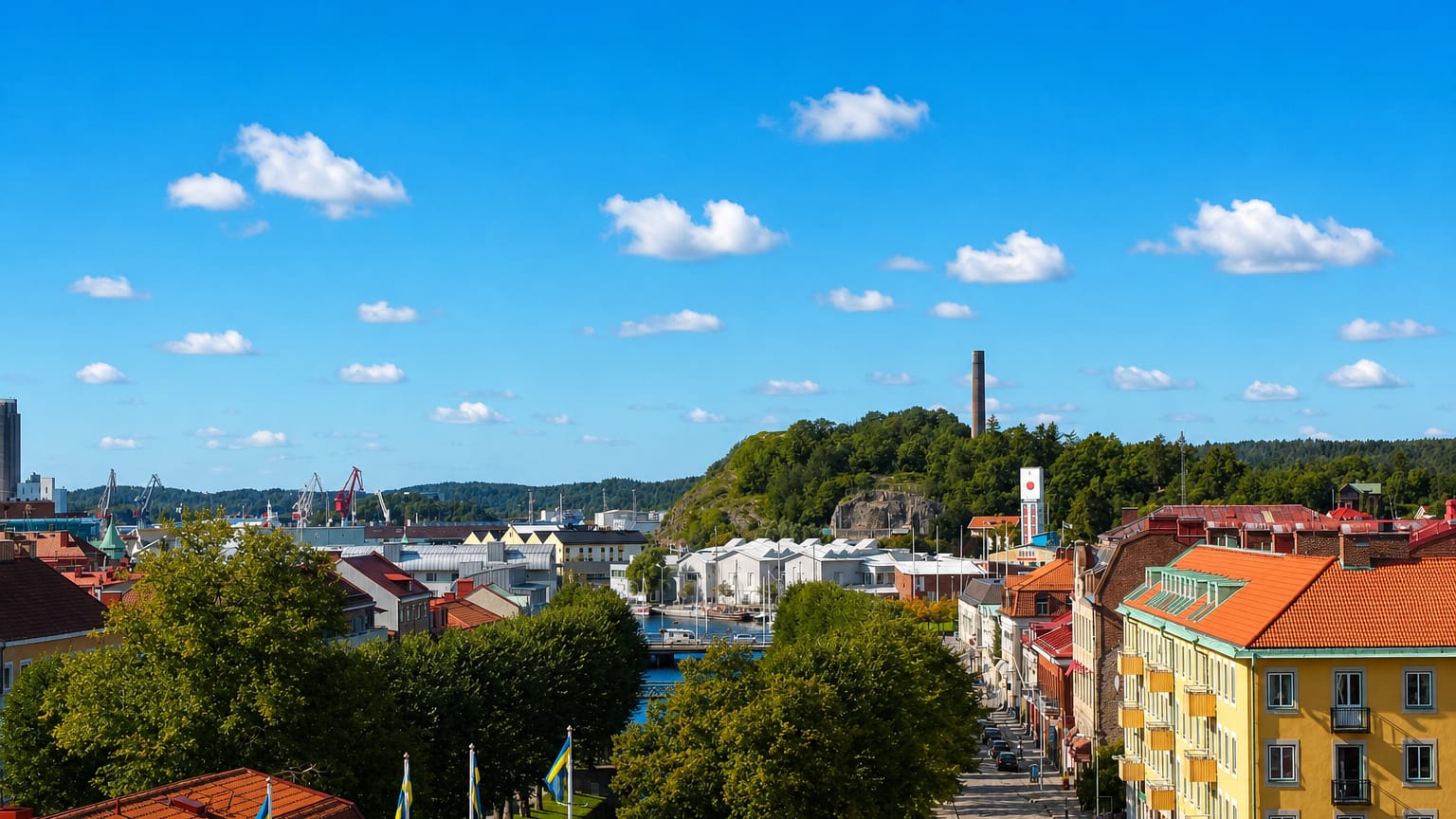 Elevated view over Uddevalla with its harbor cranes, wooded hill and tree-lined avenue below a blue sky