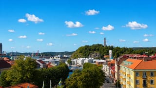 Elevated view over Uddevalla with its harbor cranes, wooded hill and tree-lined avenue below a blue sky