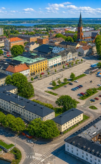 Aerial view of Vänersborg's central square and church spire with the lakeshore and archipelago behind under a blue sky.