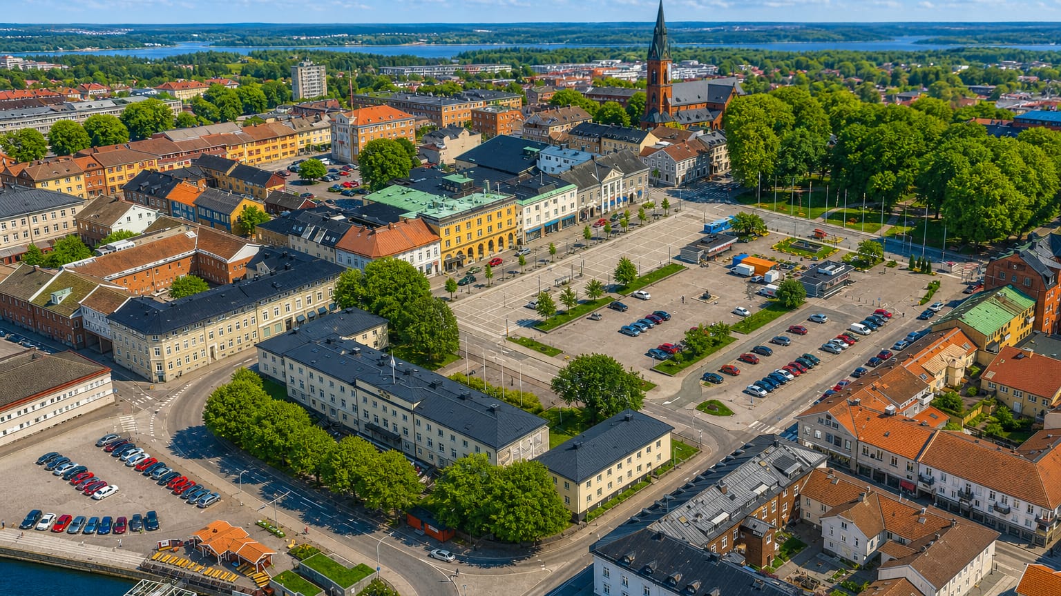 Aerial view of Vänersborg's central square and church spire with the lakeshore and archipelago behind under a blue sky.