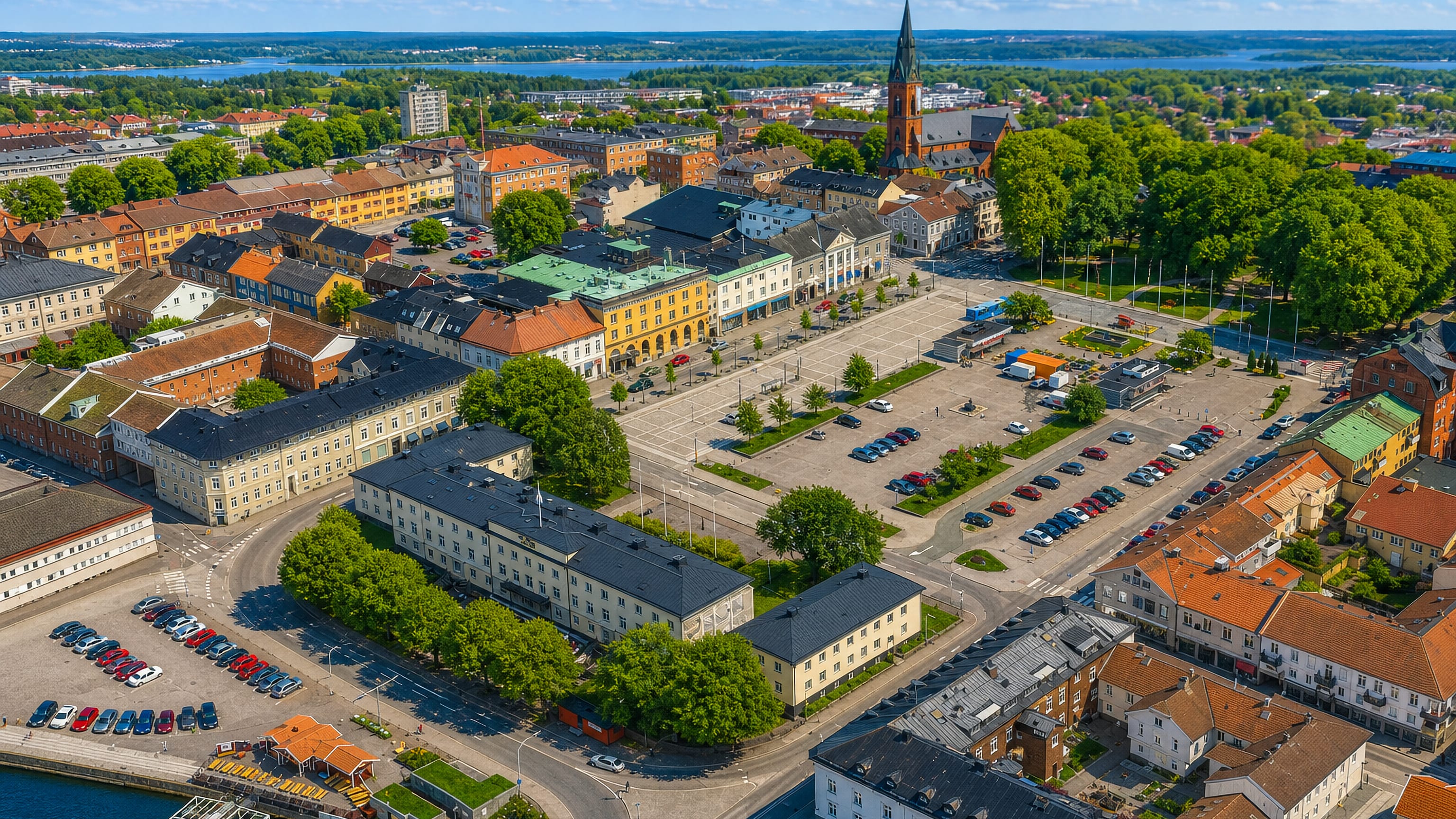 Aerial view of Vänersborg's central square and church spire with the lakeshore and archipelago behind under a blue sky.