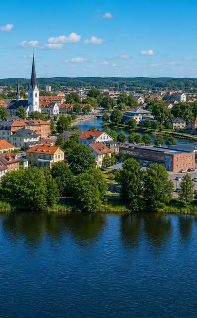Aerial view of Vargarda, Sweden, with its white-spired church and red-roofed houses beside a reflecting river on a sunny day.