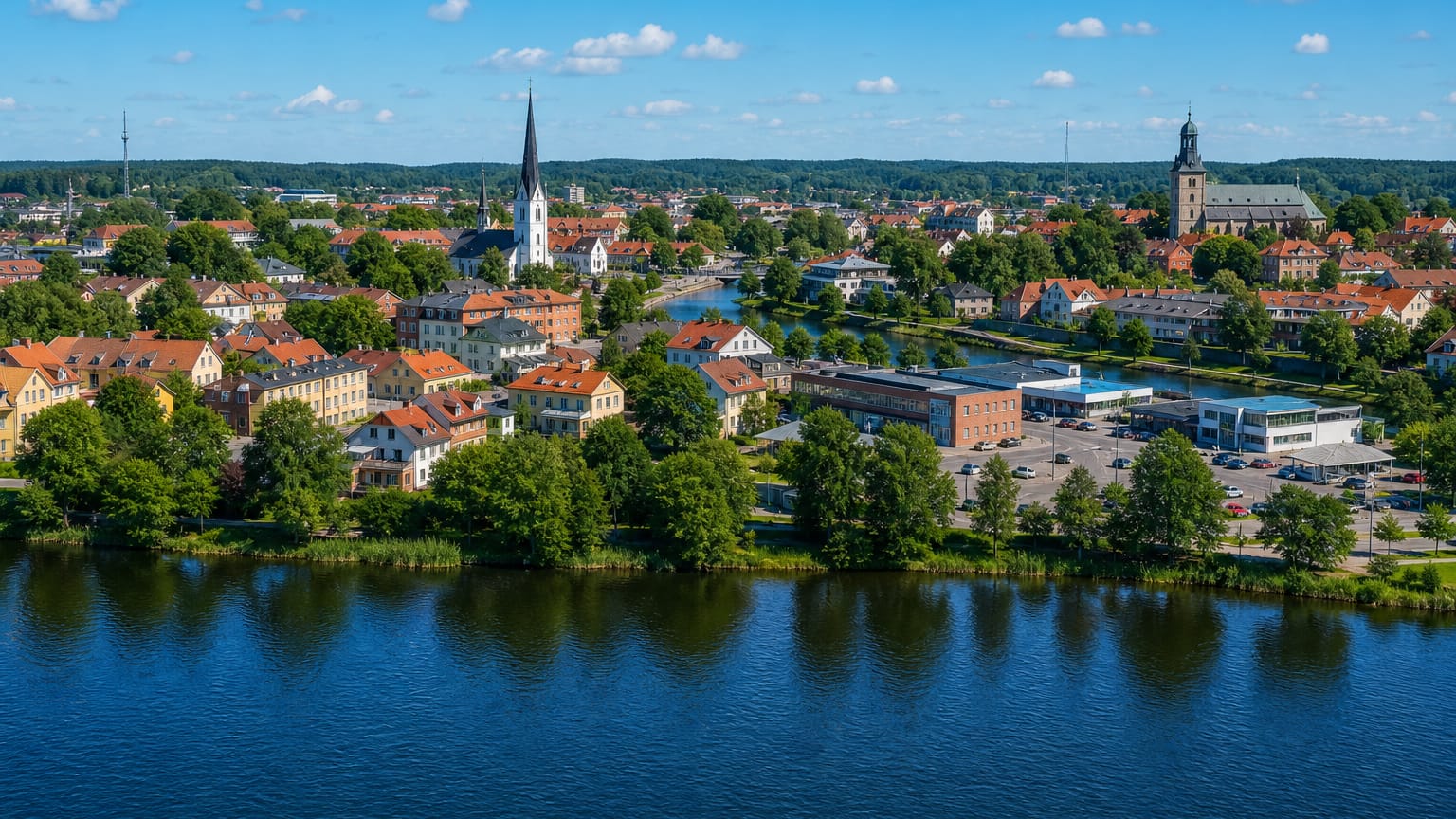 Aerial view of Vargarda, Sweden, with its white-spired church and red-roofed houses beside a reflecting river on a sunny day.