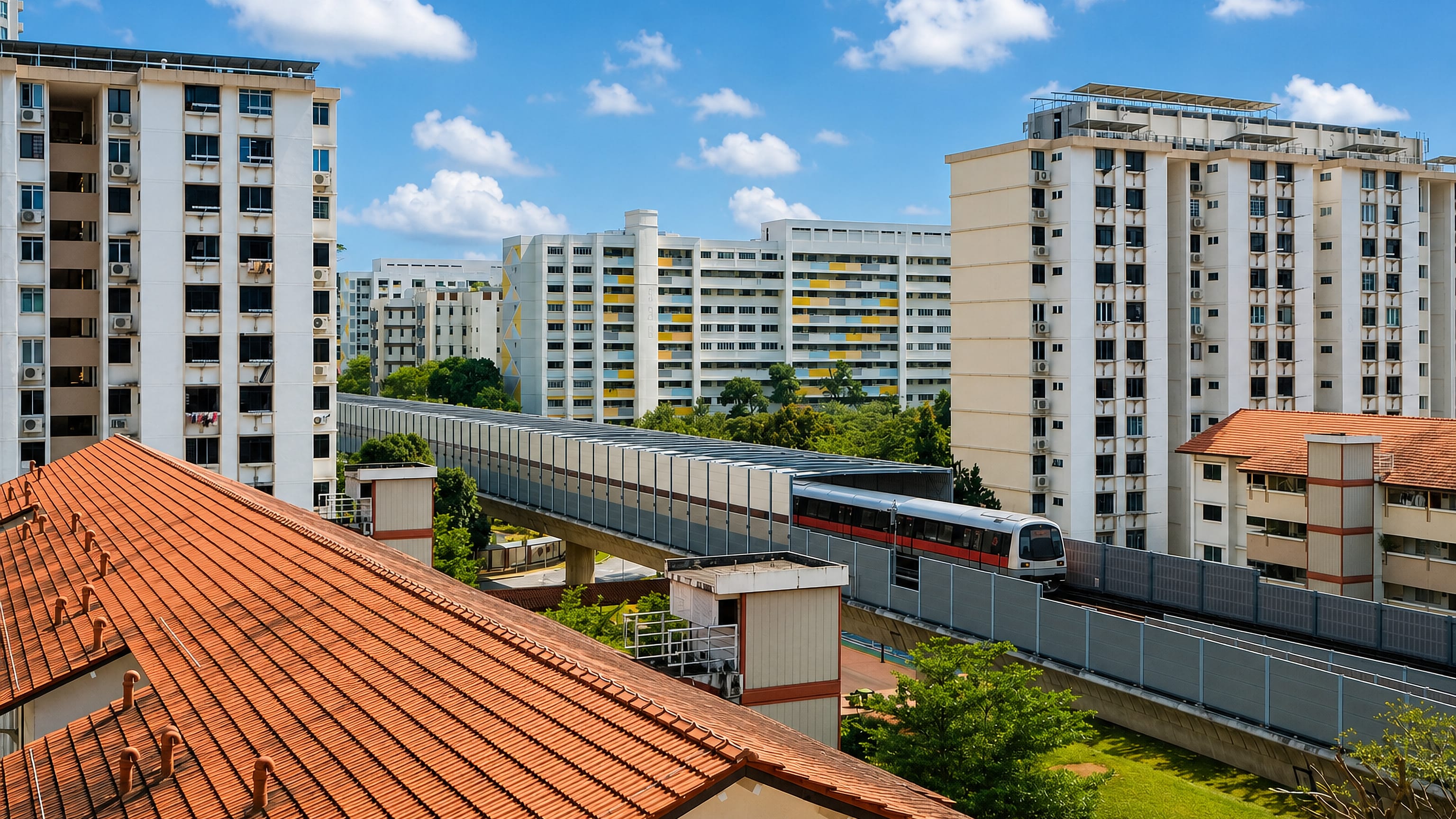 HDB apartment blocks in Bukit Batok New Town, Singapore, with an SMRT train on the covered elevated viaduct