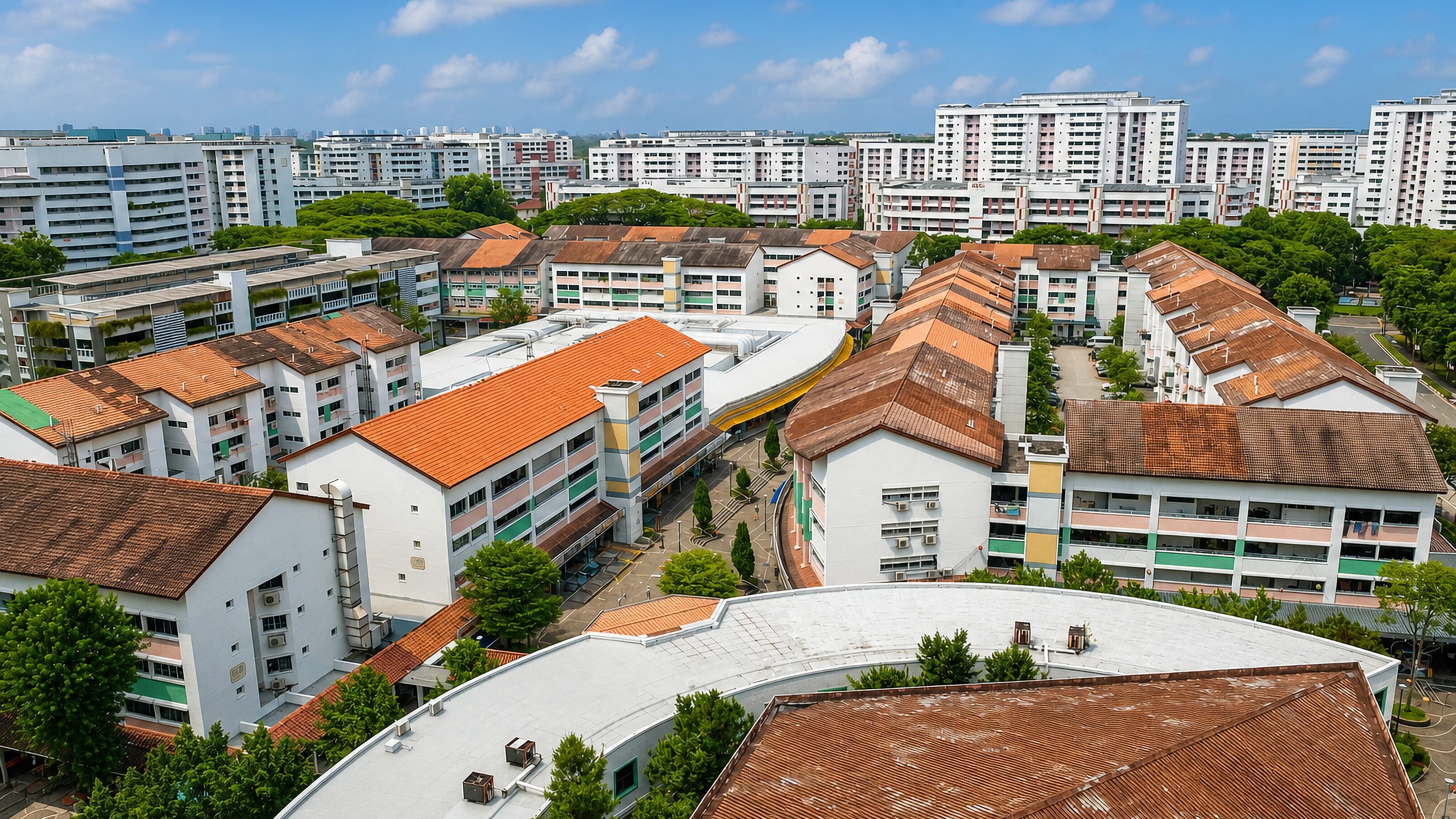 Aerial view over Hong Kah's HDB estate in Singapore, with orange-tiled low-rises and white apartment towers.
