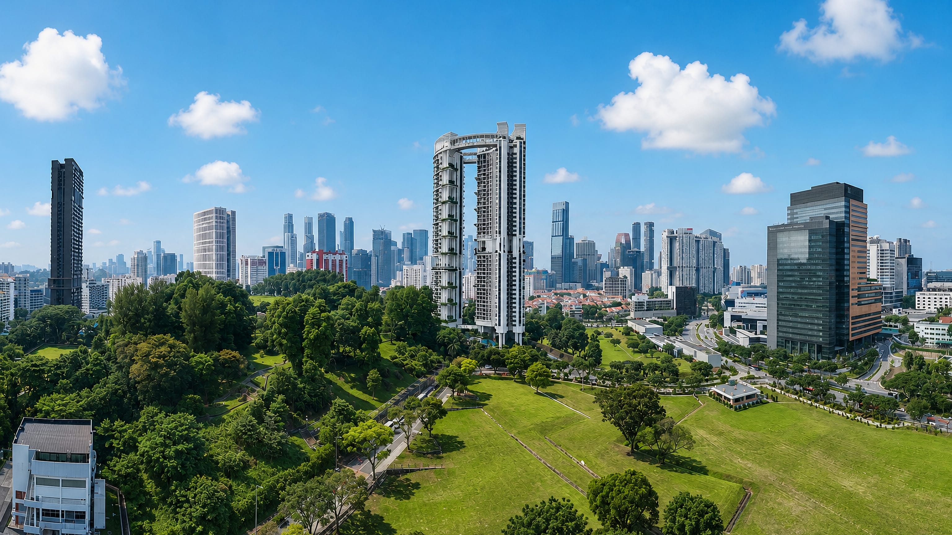 Outram Park, Singapore: green parkland and shophouse roofs below high-rise towers and the CBD skyline.