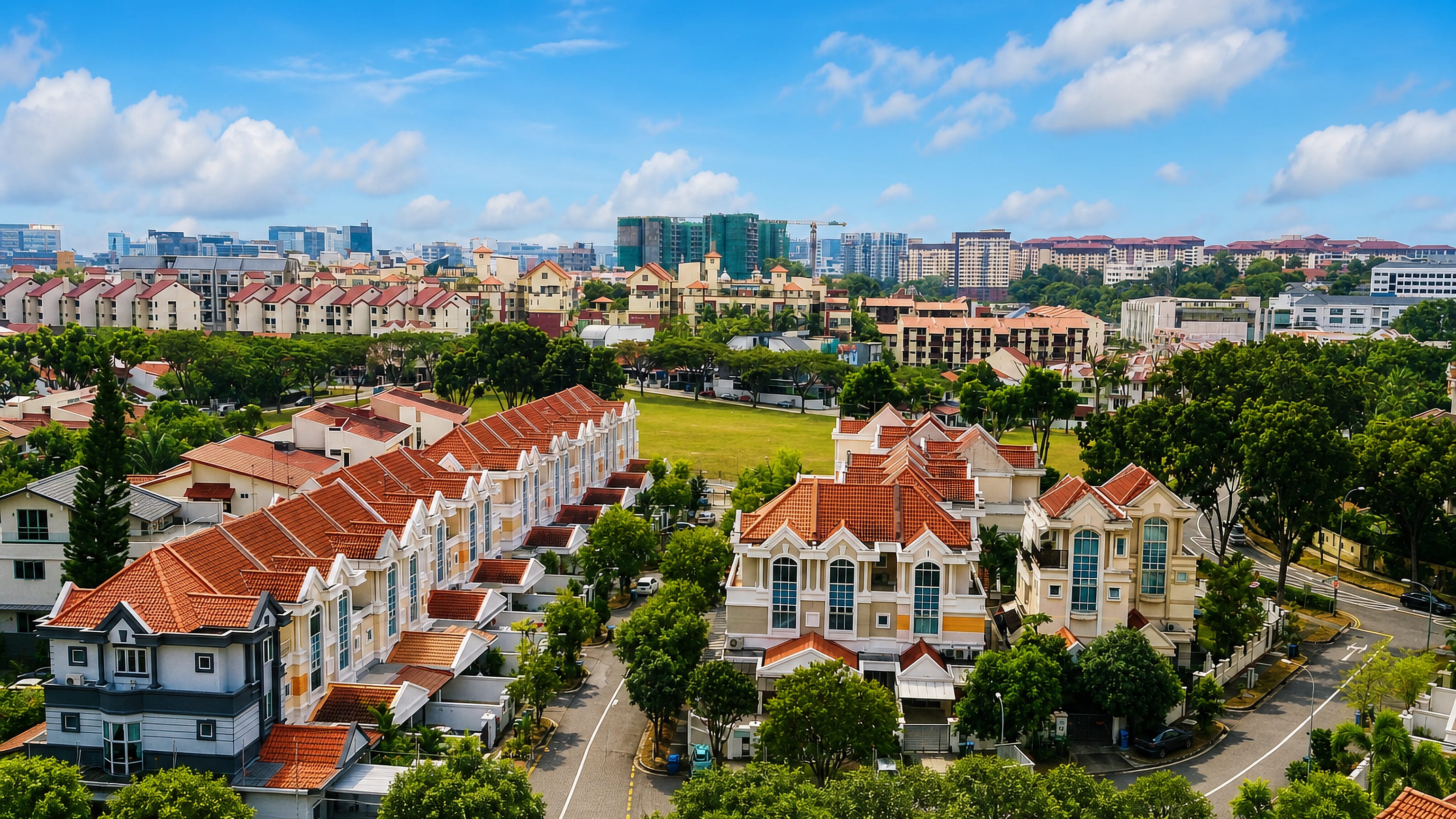 Red-tiled terrace houses and condominium blocks of Serangoon New Town, Singapore, seen from above.