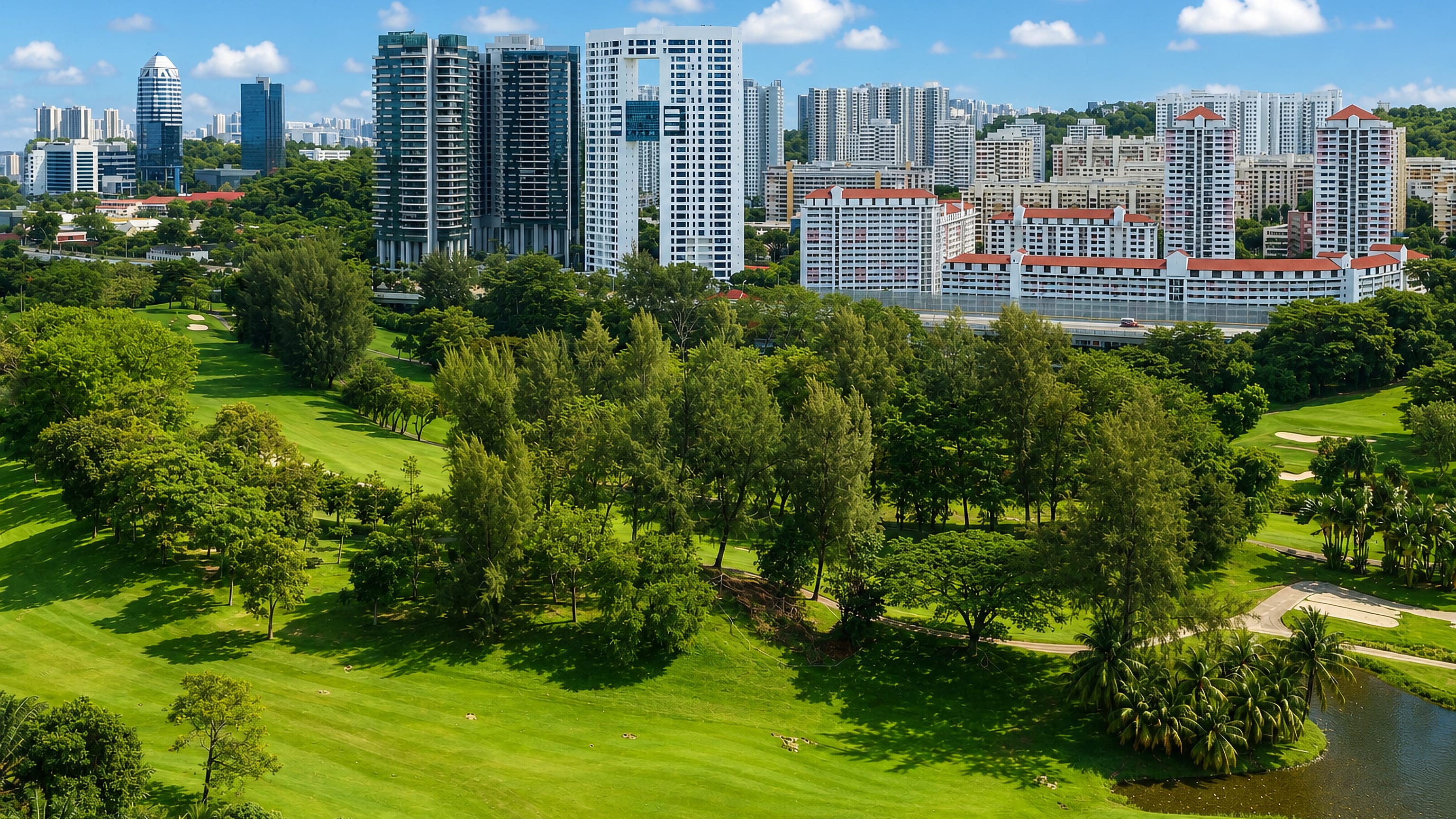 Aerial view over Telok Blangah, Singapore, with a golf course fairway backed by high-rise condominiums and HDB blocks.