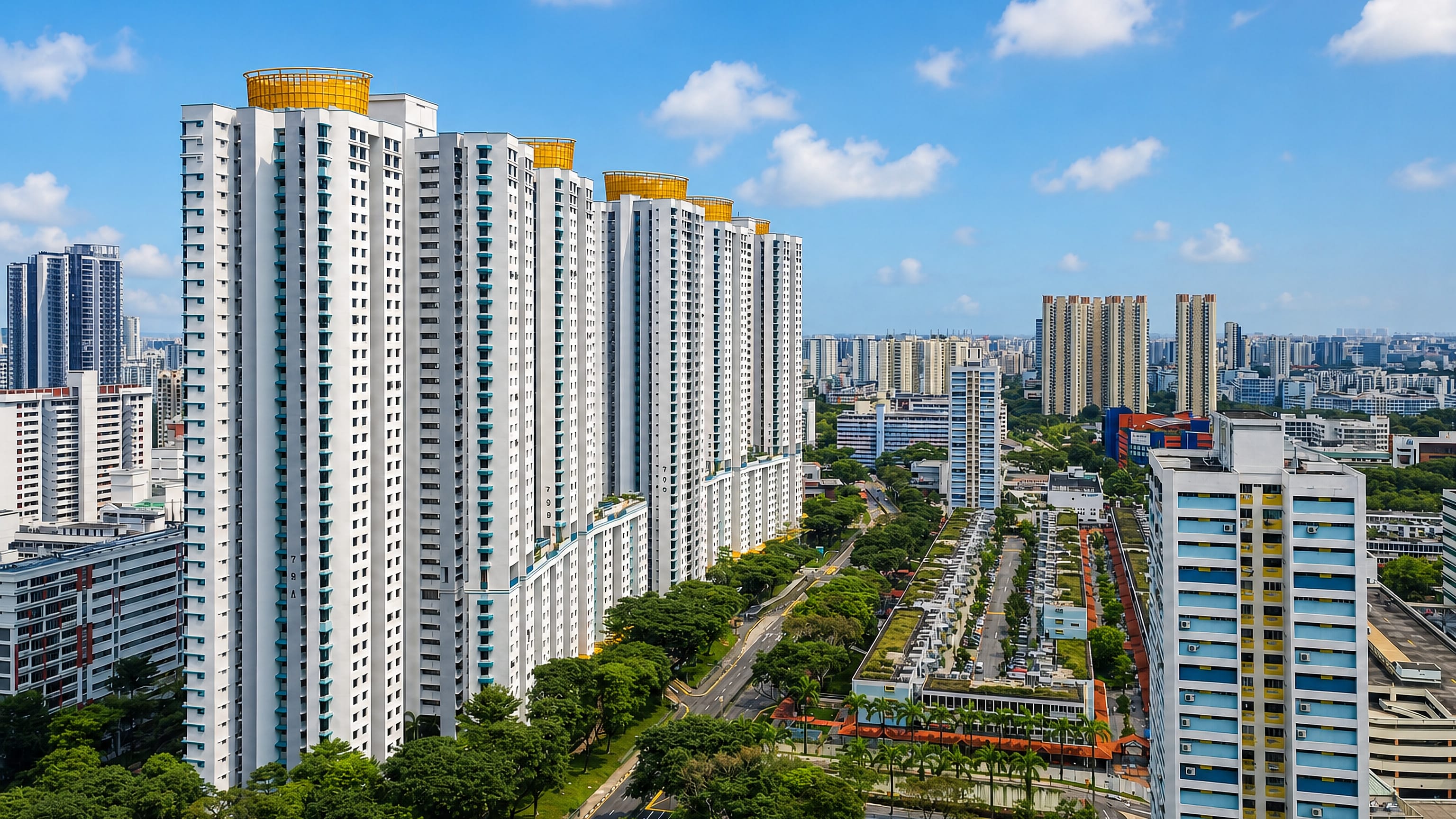 High-rise HDB blocks with gold rooftop crowns above green streets in Toa Payoh New Town, Singapore.