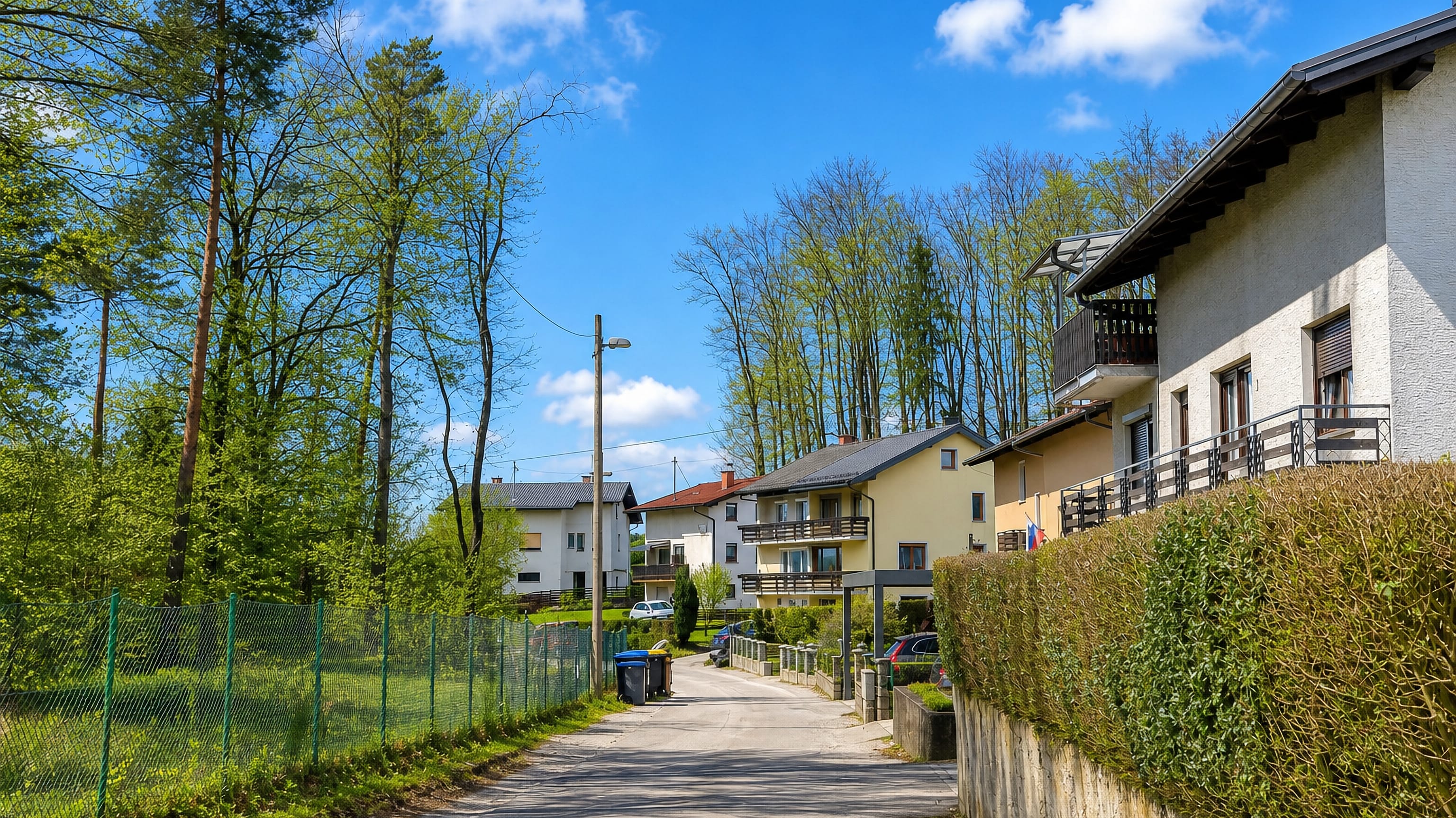 Quiet residential street in Bokalce on Ljubljana's wooded western edge, lined with balconied houses.