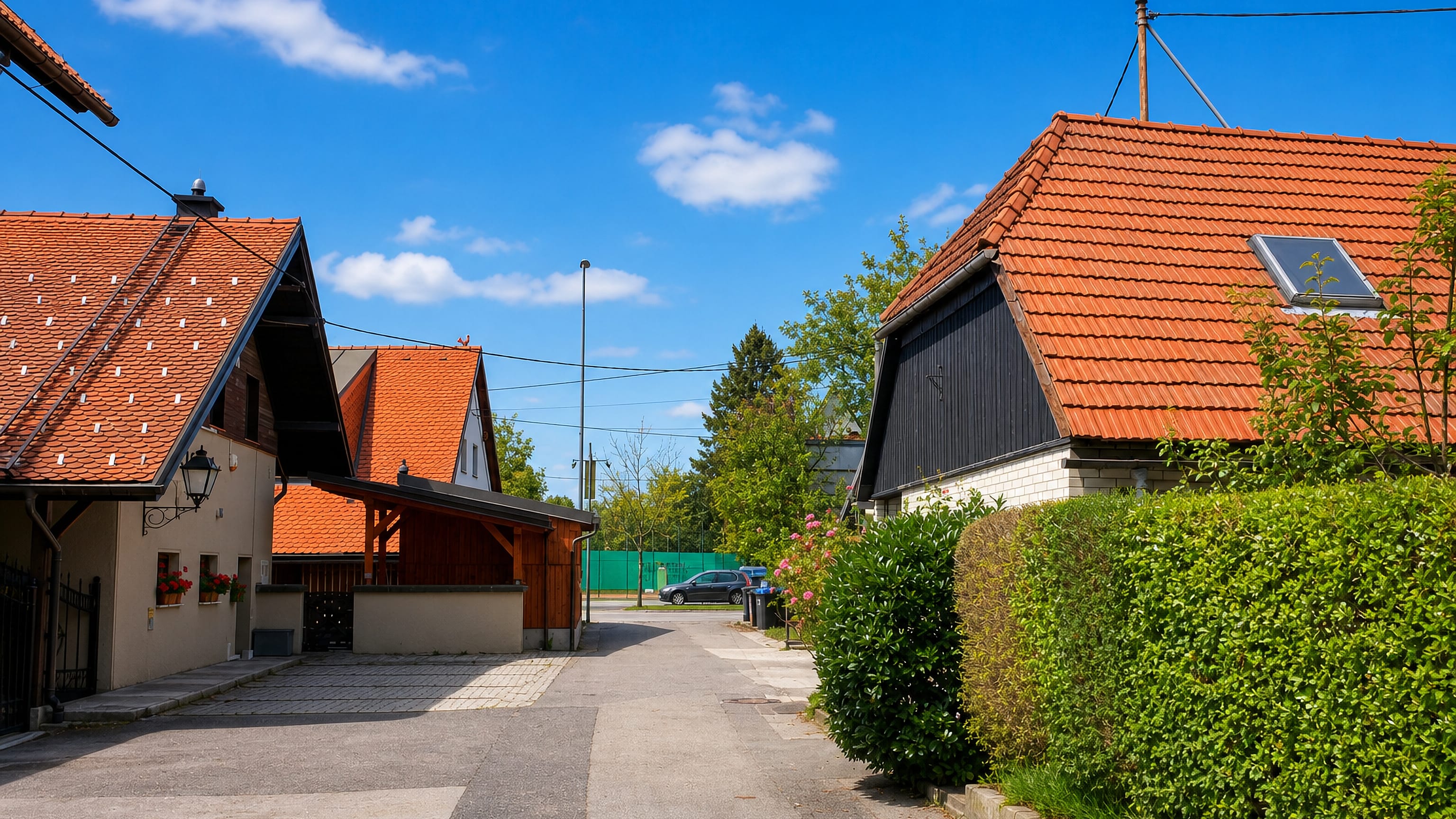Red-tiled houses and clipped hedges along a quiet lane in Glince on the western edge of Ljubljana.
