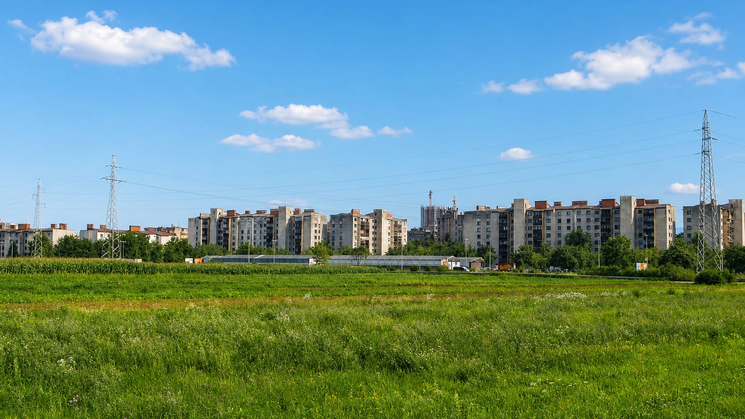 Rows of mid-rise apartment blocks in the Nove Jarše district of Ljubljana behind a green meadow under a blue sky