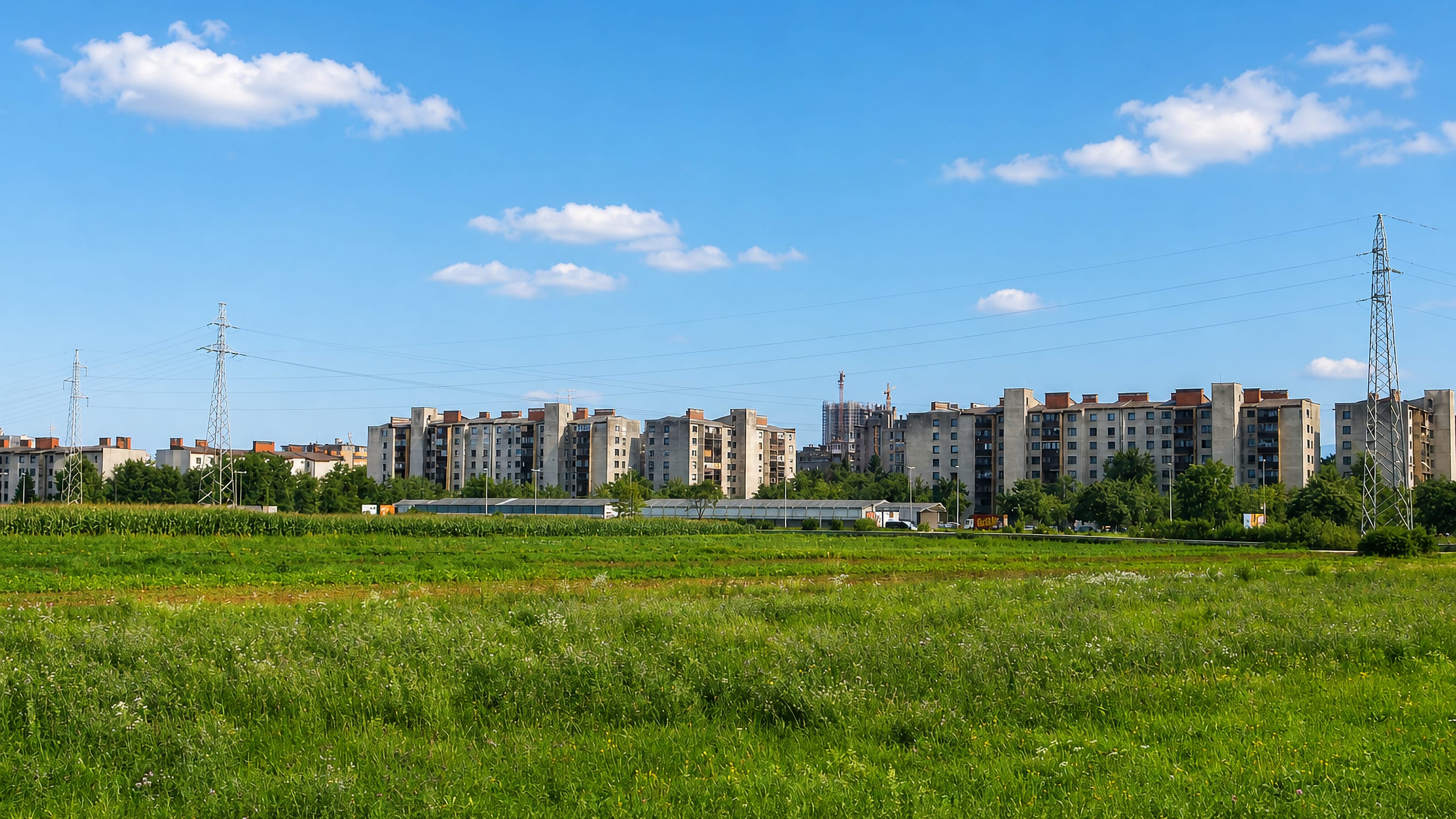 Rows of mid-rise apartment blocks in the Nove Jarše district of Ljubljana behind a green meadow under a blue sky