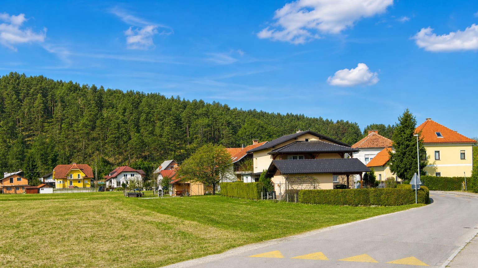 Detached houses and a quiet road below a forested hillside in Podgorica pri Črnučah, a suburban village of Ljubljana