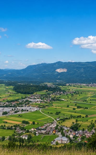 Elevated view over the rural settlement of Zapuže amid green fields with mountains on the horizon