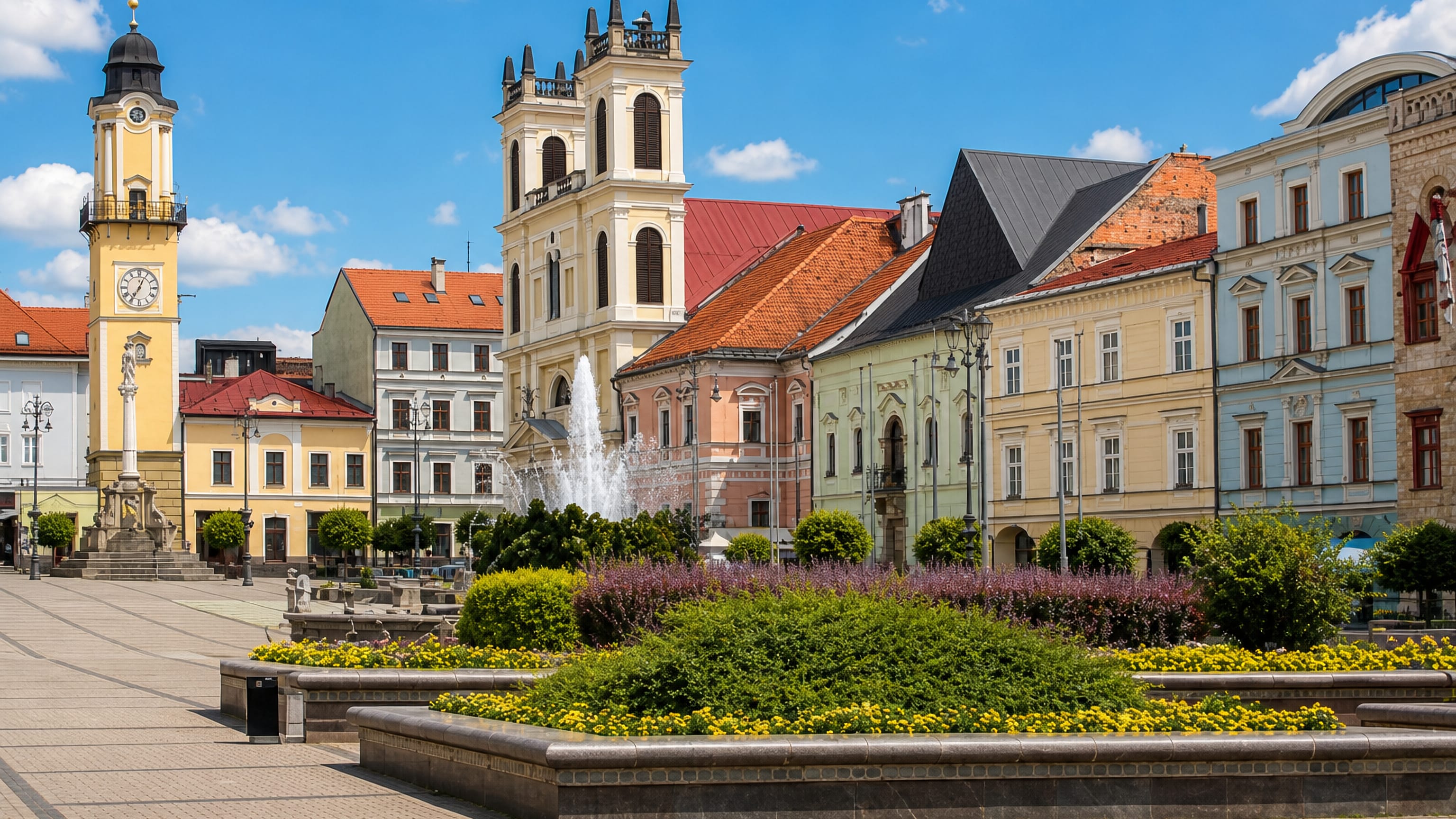 Námestie SNP in Banská Bystrica with the leaning clock tower, Marian column and twin-towered cathedral