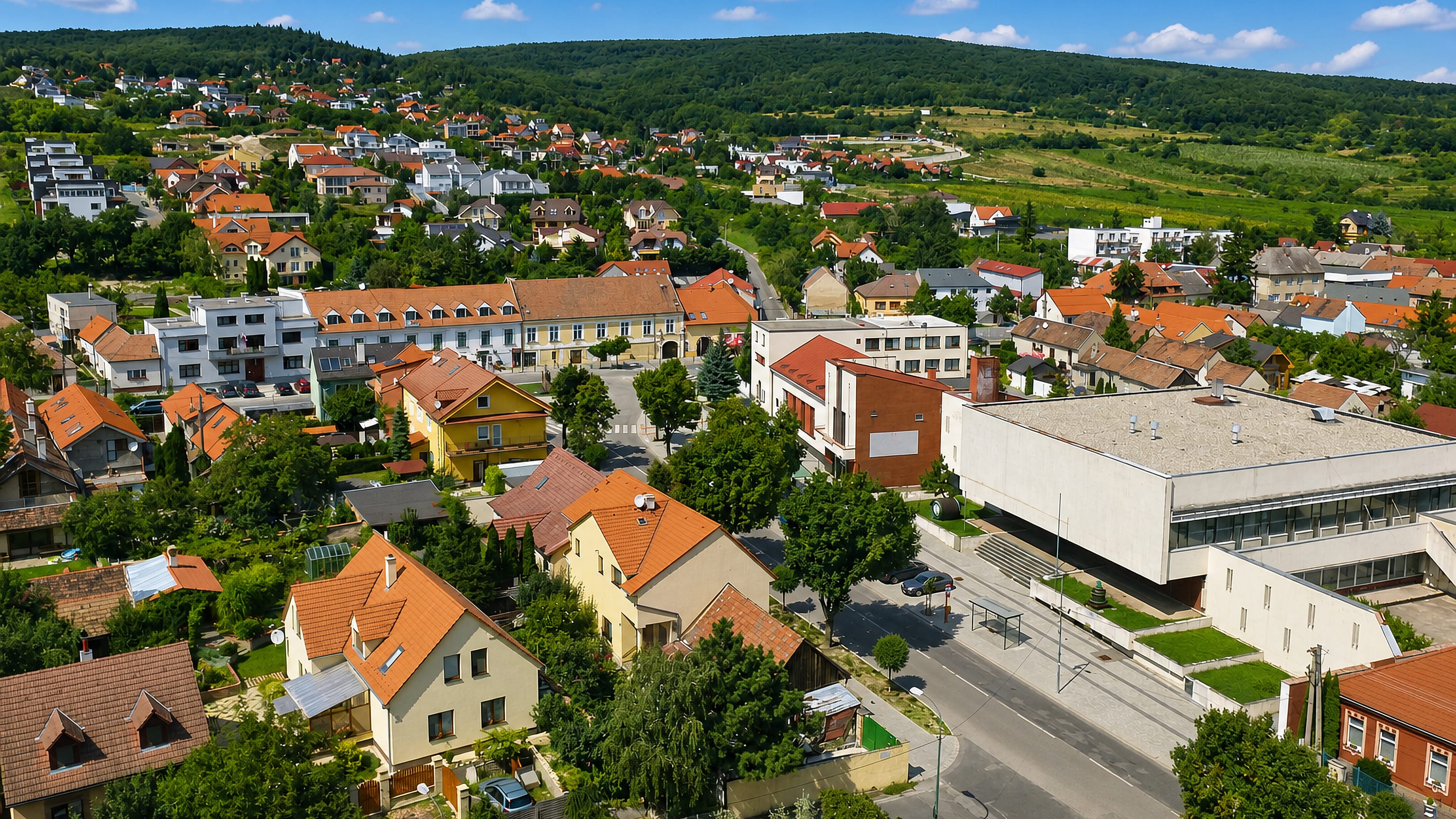 Red-tiled houses and hillside vineyards of Rača below the Little Carpathians on the edge of Bratislava.
