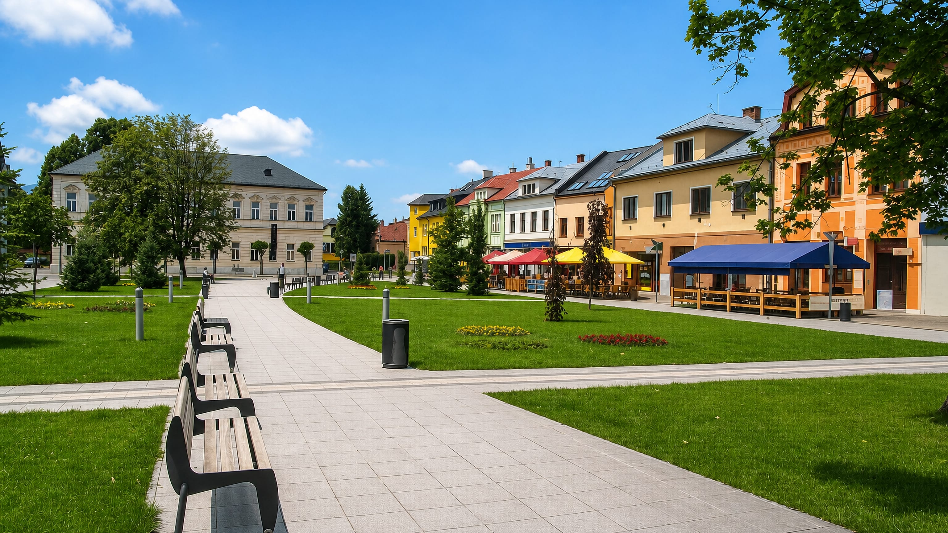 Sunny town square with pastel townhouses, lawns and cafe terraces in Martin, Slovakia