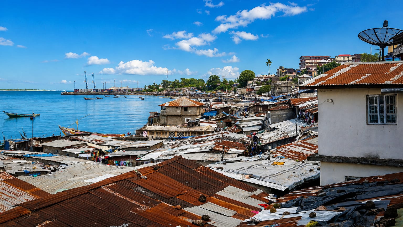 Freetown's rusted tin rooftops crowding the waterfront above the harbor and hills.