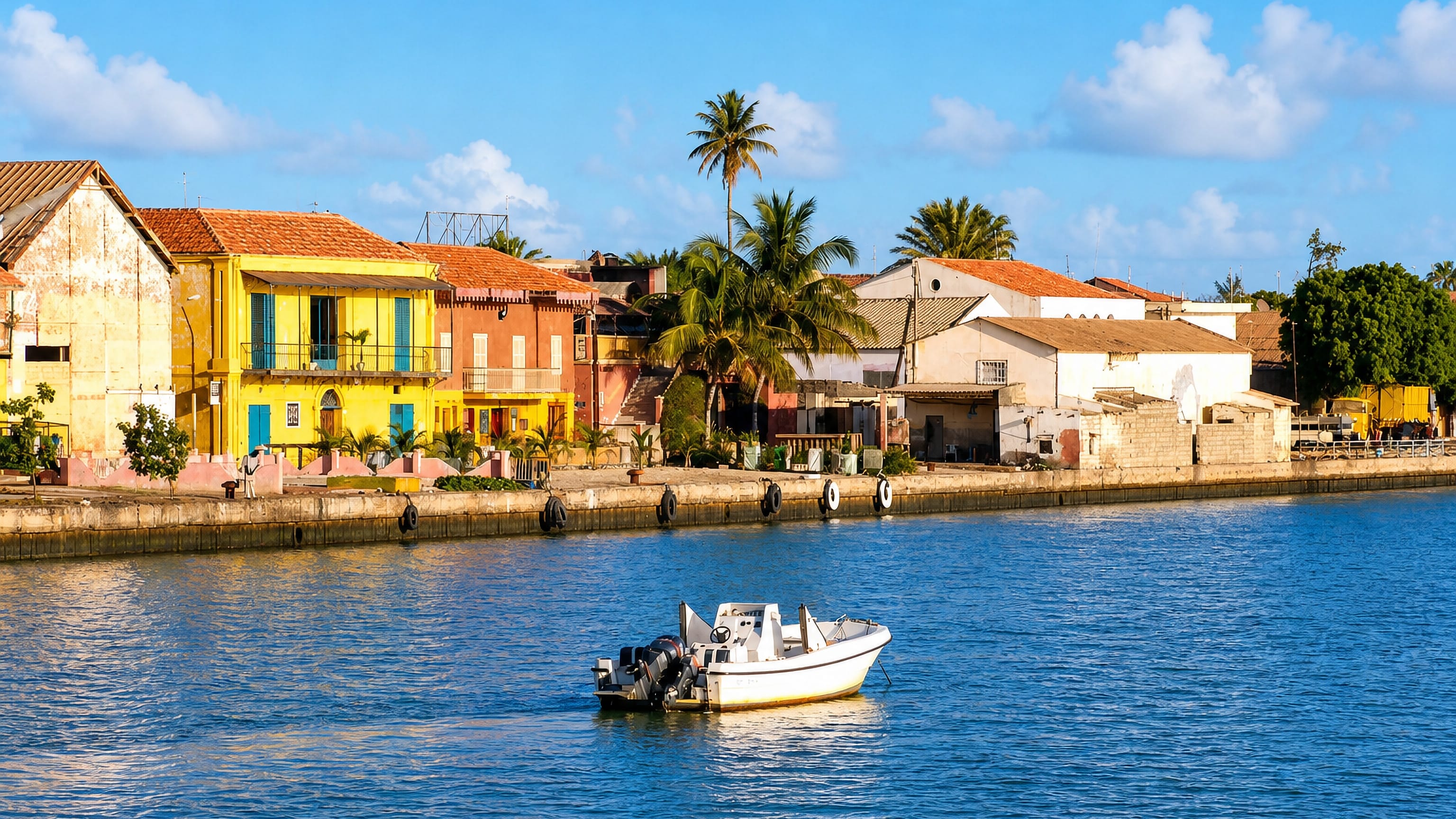 Colourful colonial townhouses and palms along the Senegal River waterfront at Saint-Louis, Senegal.