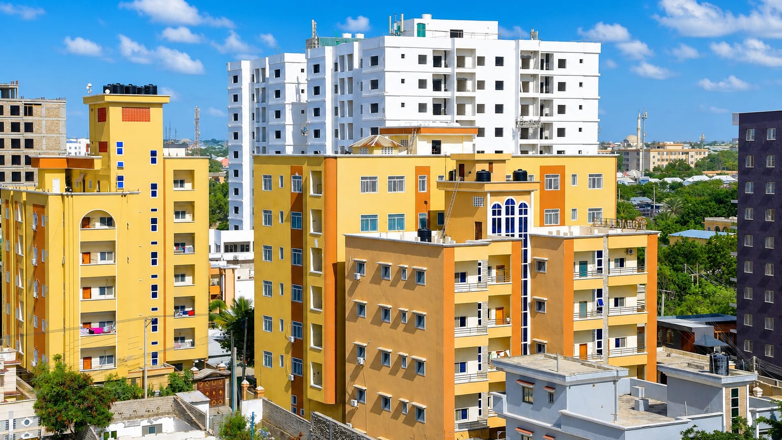 Colourful yellow and orange mid-rise apartment blocks under a bright blue sky in Mogadishu, Somalia