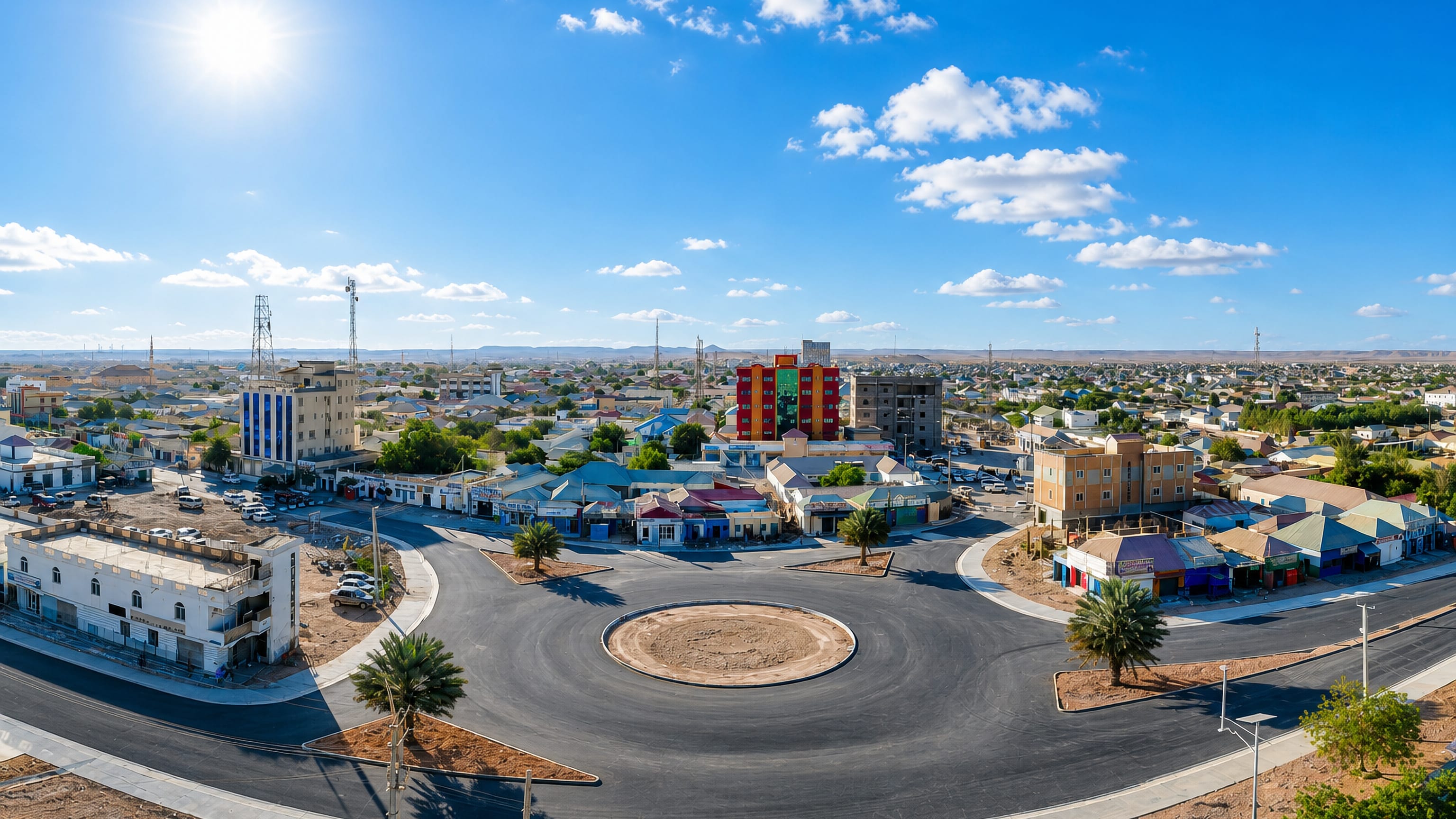 Wide daytime view over Garoowe, Puntland, centred on a new roundabout among low-rise streets.