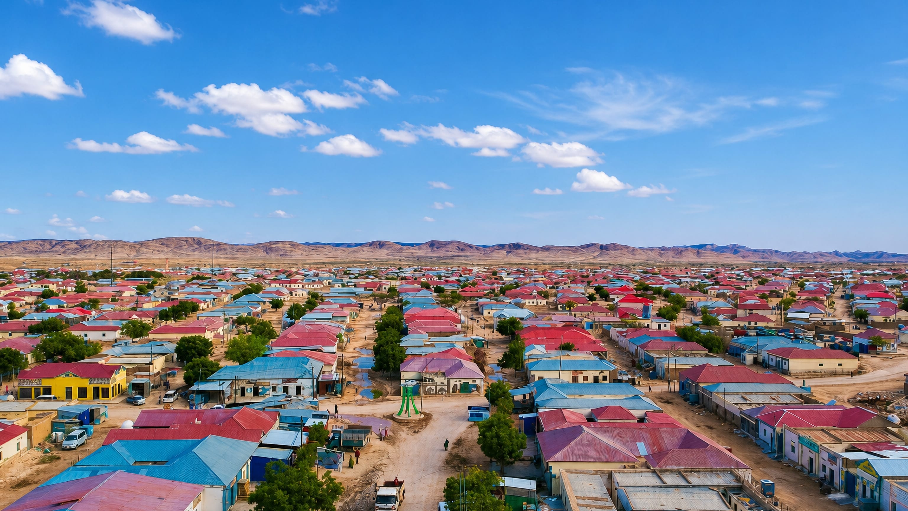 Aerial view over Laascaanood, Somalia, red and blue metal roofs stretching to arid hills on the horizon.